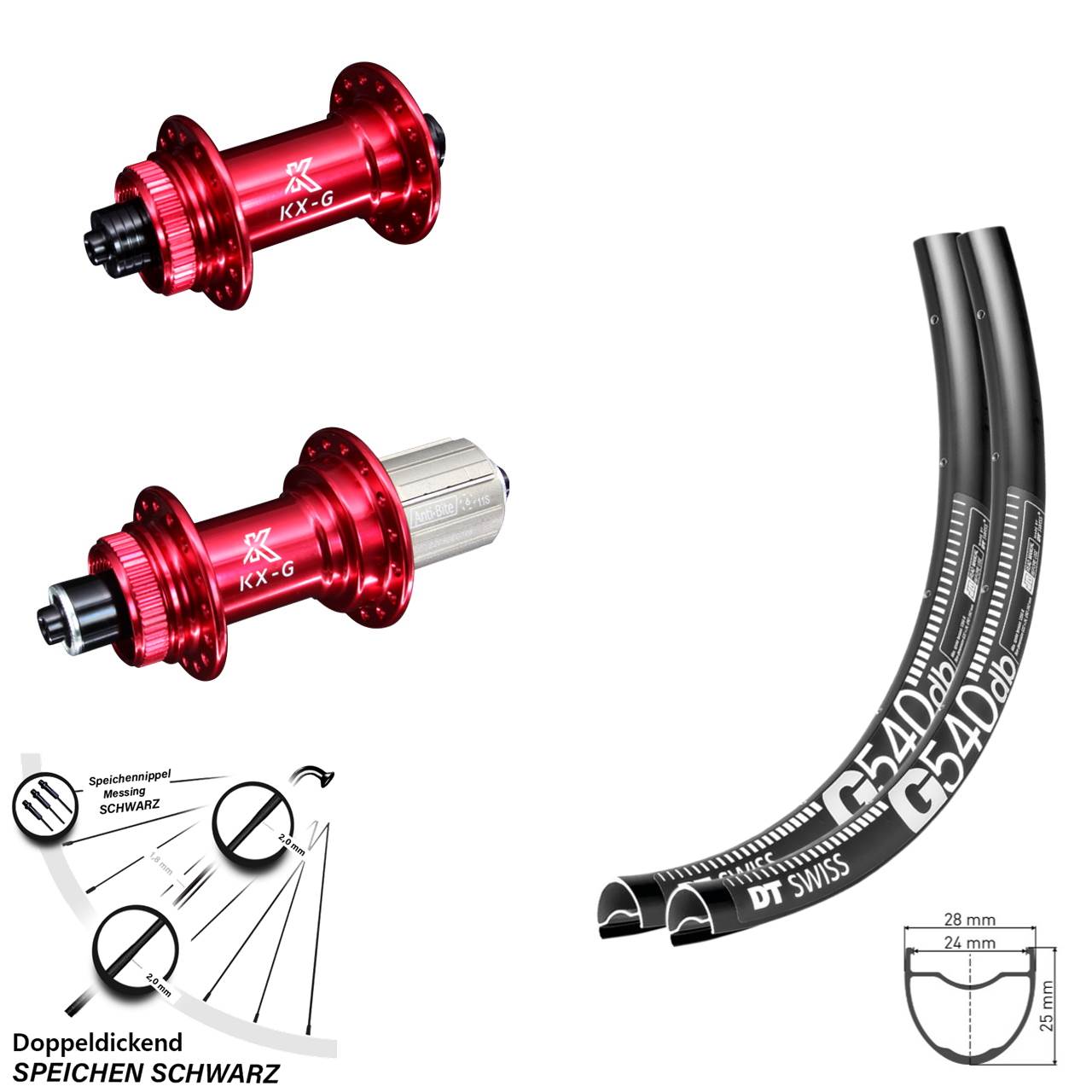 Laufradsatz DT Swiss G 540 Gravel Centerlock Nabe KX-G rot eloxiert 8-12 fach 100/135 mm