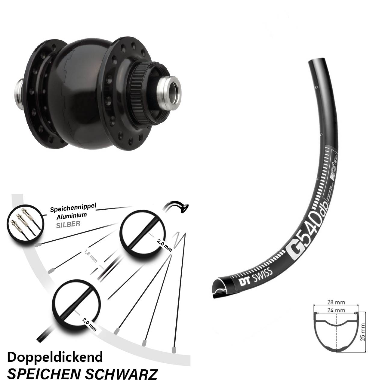 Nabendynamo Vorderrad Son 28-29 Zoll 12x100 Disc DT Swiss G540