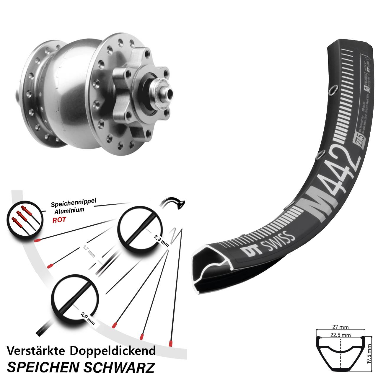 DT Swiss M 442 SON 28 Zoll silbern Disc Vorderrad mit Nabendynamo für Schnellspanner