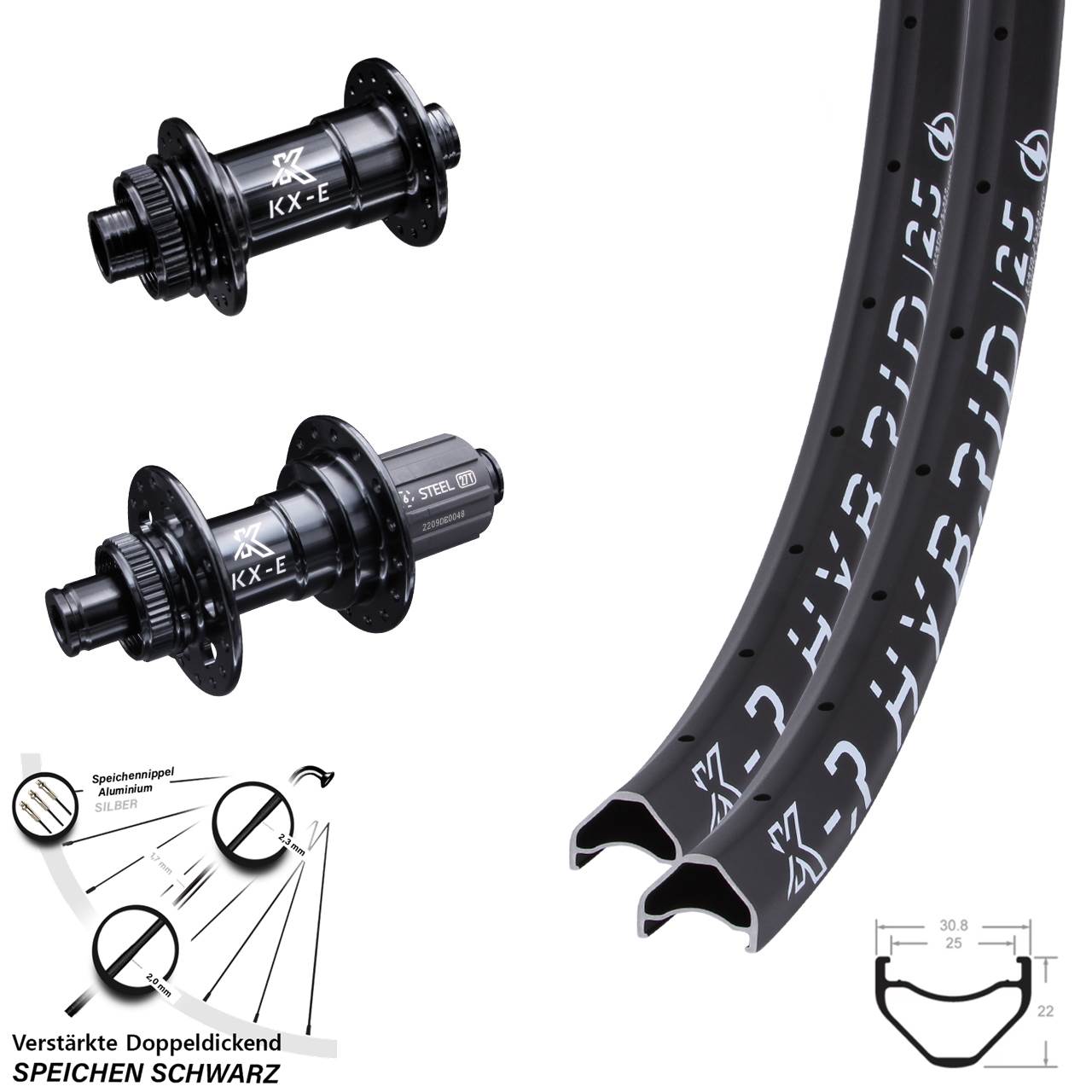 29 Zoll E-Bike Laufradsatz Steckachse KX-ER Hybrid 25 verstärkt Centerlock 8-12 fach