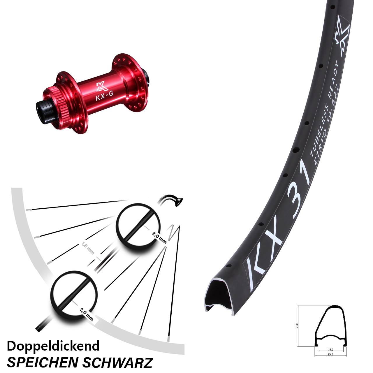 Centerlock Vorderrad 28 Zoll KX31 OS KX-G rot 12x100