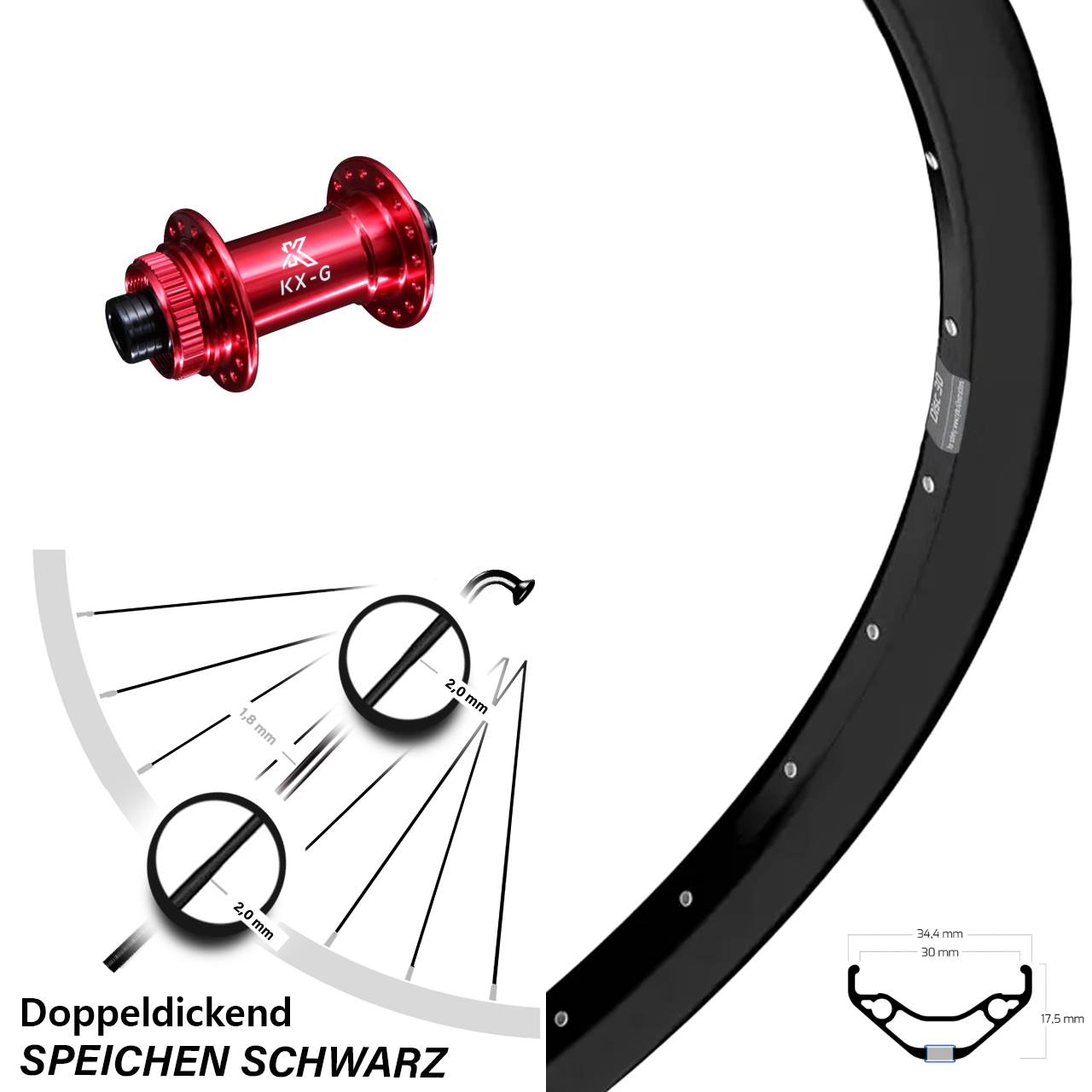 29 Zoll Vorderrad Ryde Disc 30 KX-G rot 15x100