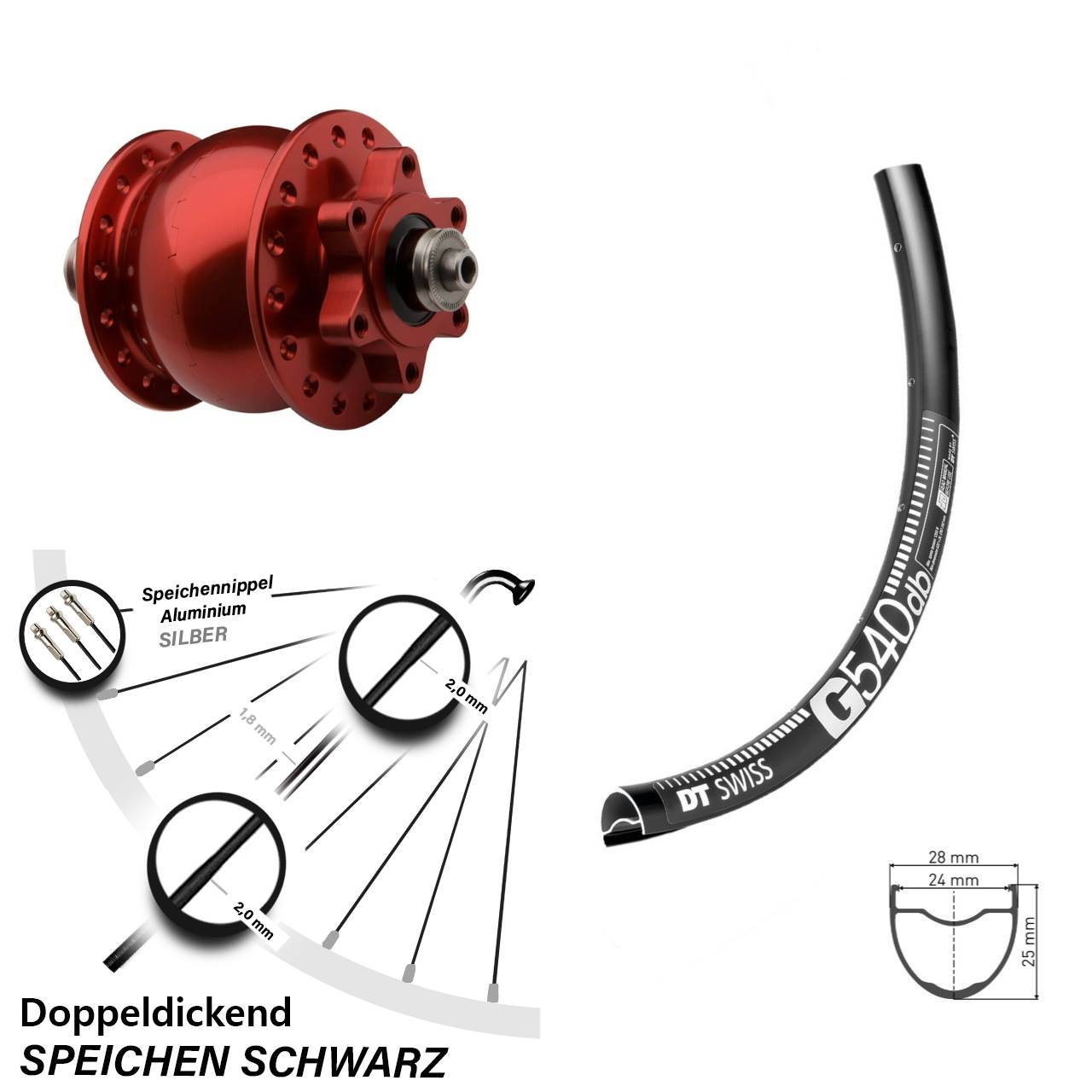 Disc Nabendynamolaufrad für Schnellspanner 650B DT Swiss G540 SON 28 rot