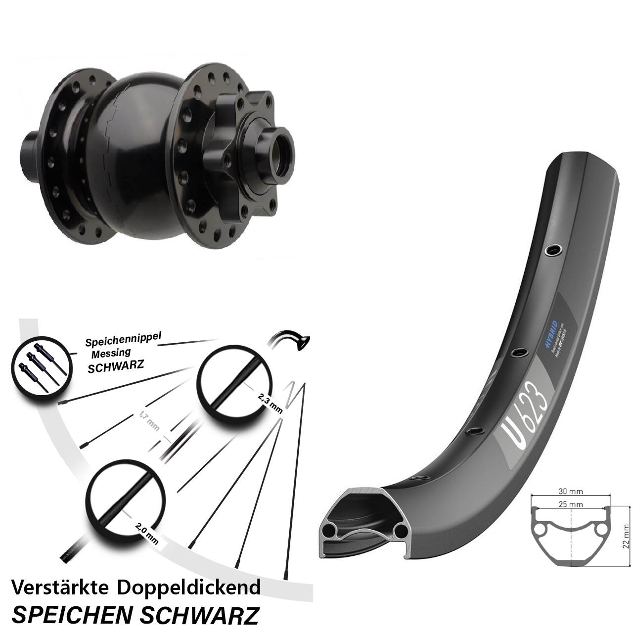 Nabendynamovorderrad 6-Loch 28-29 Zoll DT Swiss U623 SON 28 15x110 Boost