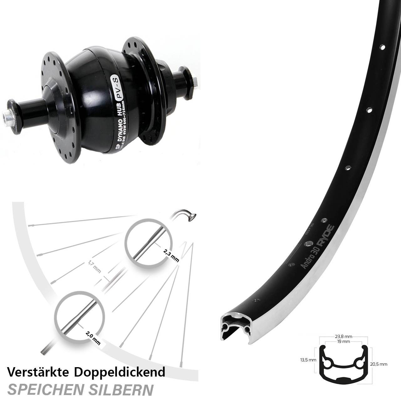 Ryde Andra 30 Shutter Precision PV-8 28 Zoll Nabendynamovorderrad QR