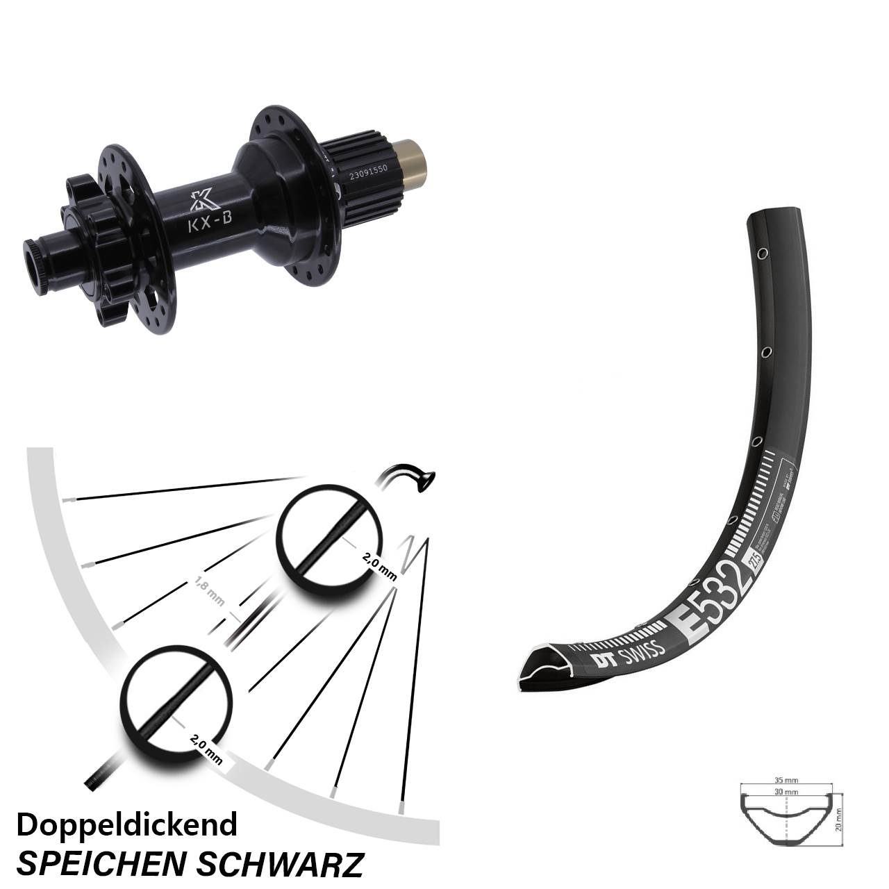 DT Swiss E 532 KX-B 29 Zoll Hinterrad 6-Loch 12x148 Micro Spline