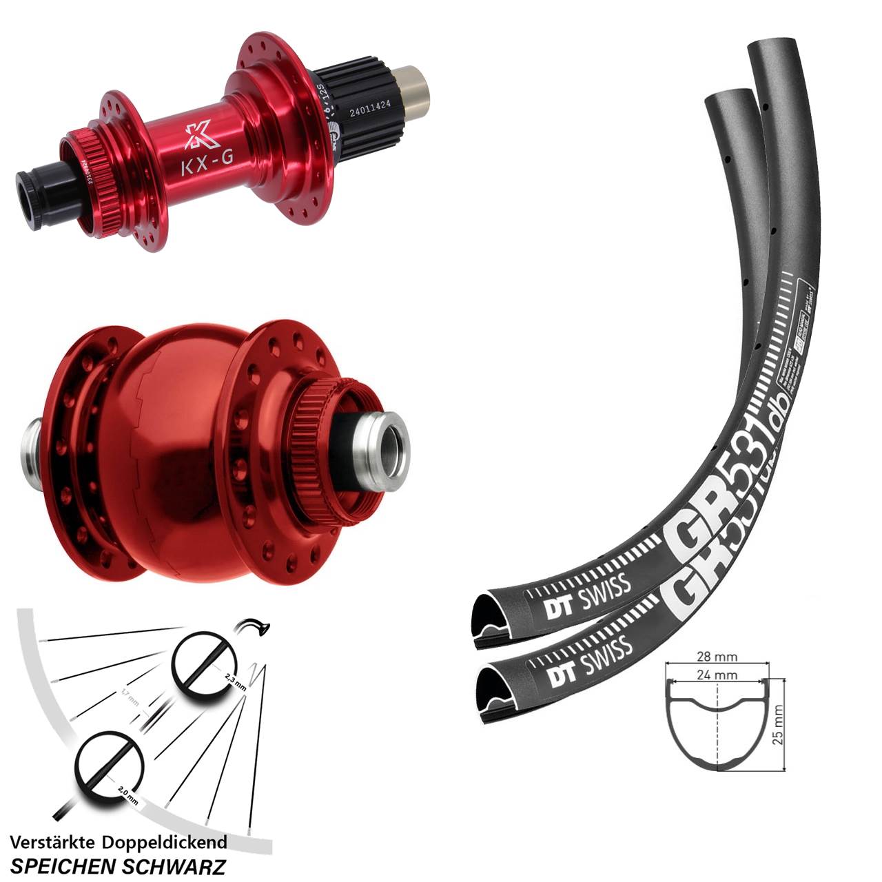 Disc Laufradsatz 12x100/142 29 Zoll DT Swiss GR531 KX-G rot SON 28 Micro Spline
