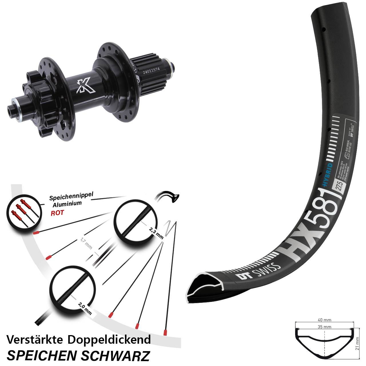 27,5 Zoll DT Swiss HX 581 KX-M Disc Laufrad für Schnellspanner Micro Spline