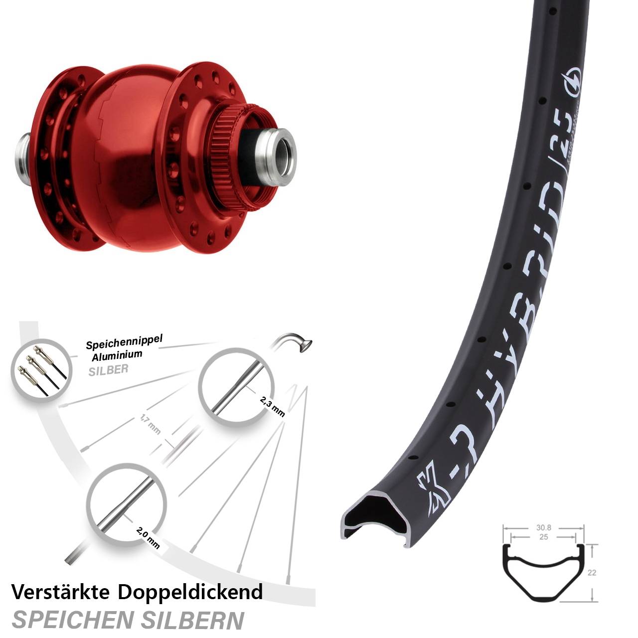 Disc Vorderrad mit Nabendynamo 12x100 29 Zoll KX-R Hybrid 25 SON 28 rot