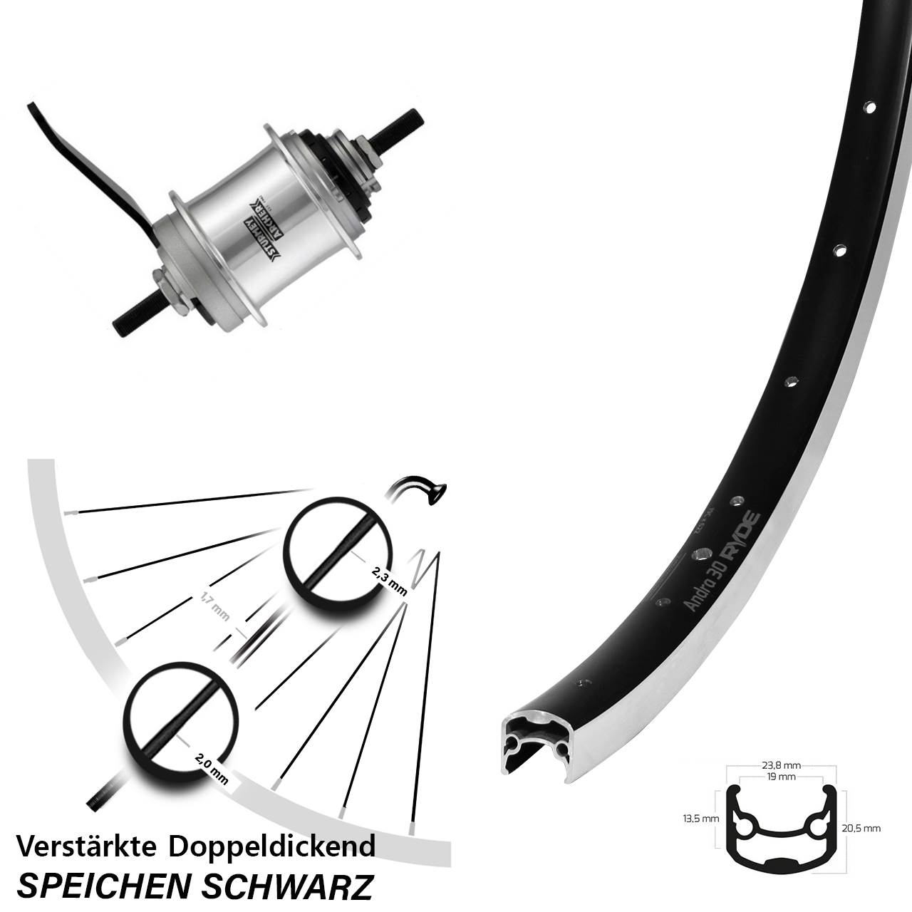 28 Zoll Hinterrad Ryde Andra 30 Sturmey Archer 3-Gang Rücktritt