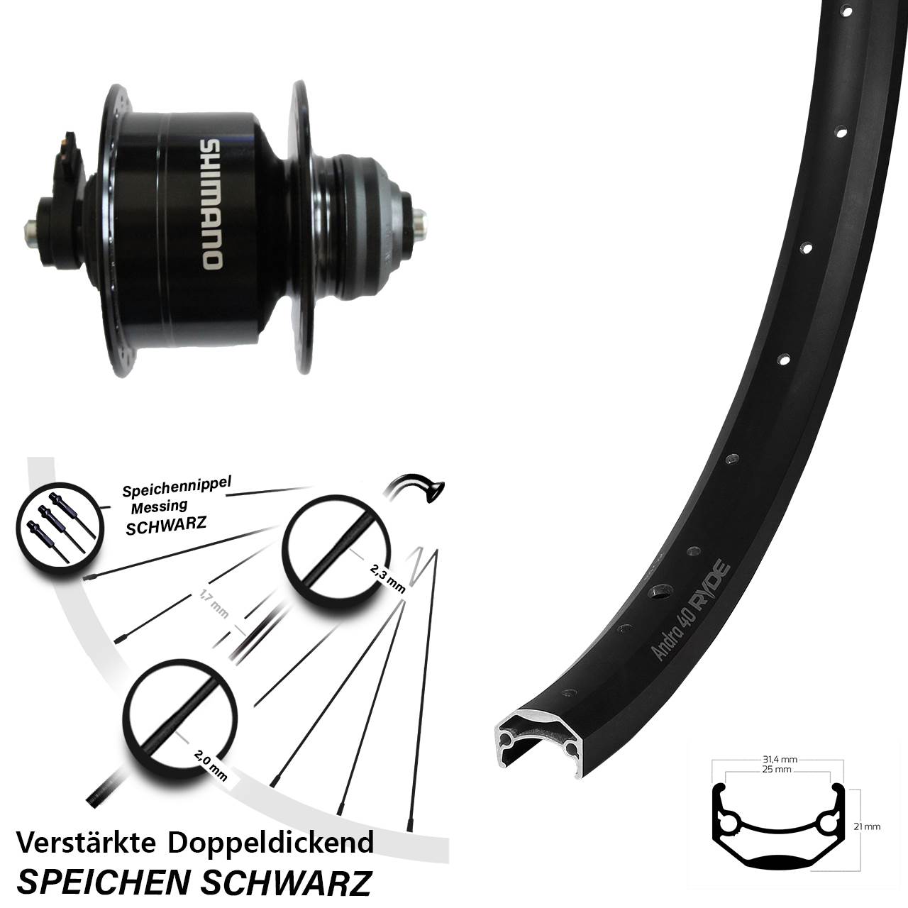 Disc Laufrad mit Nabendynamo für Schnellspanner 28 Zoll Ryde Andra 40 Shimano DH3D72