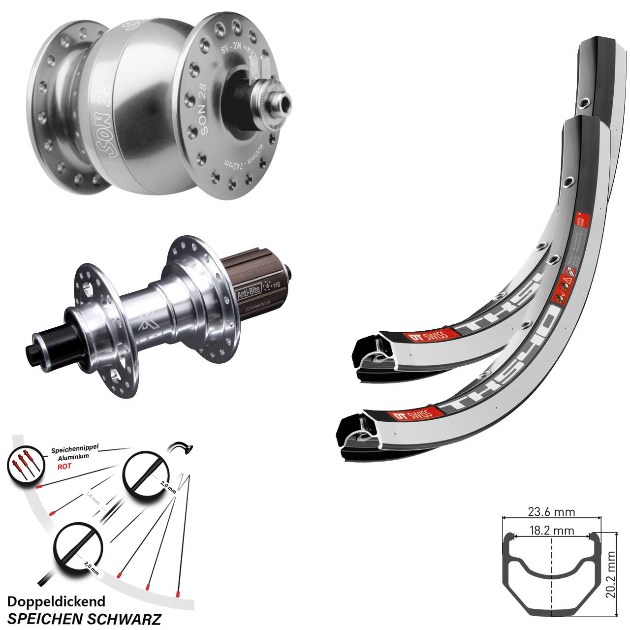 Laufrad-Satz für Schnellspanner SON 28 Zoll DT Swiss TK540 KX-T silbern 8-12 fach HG