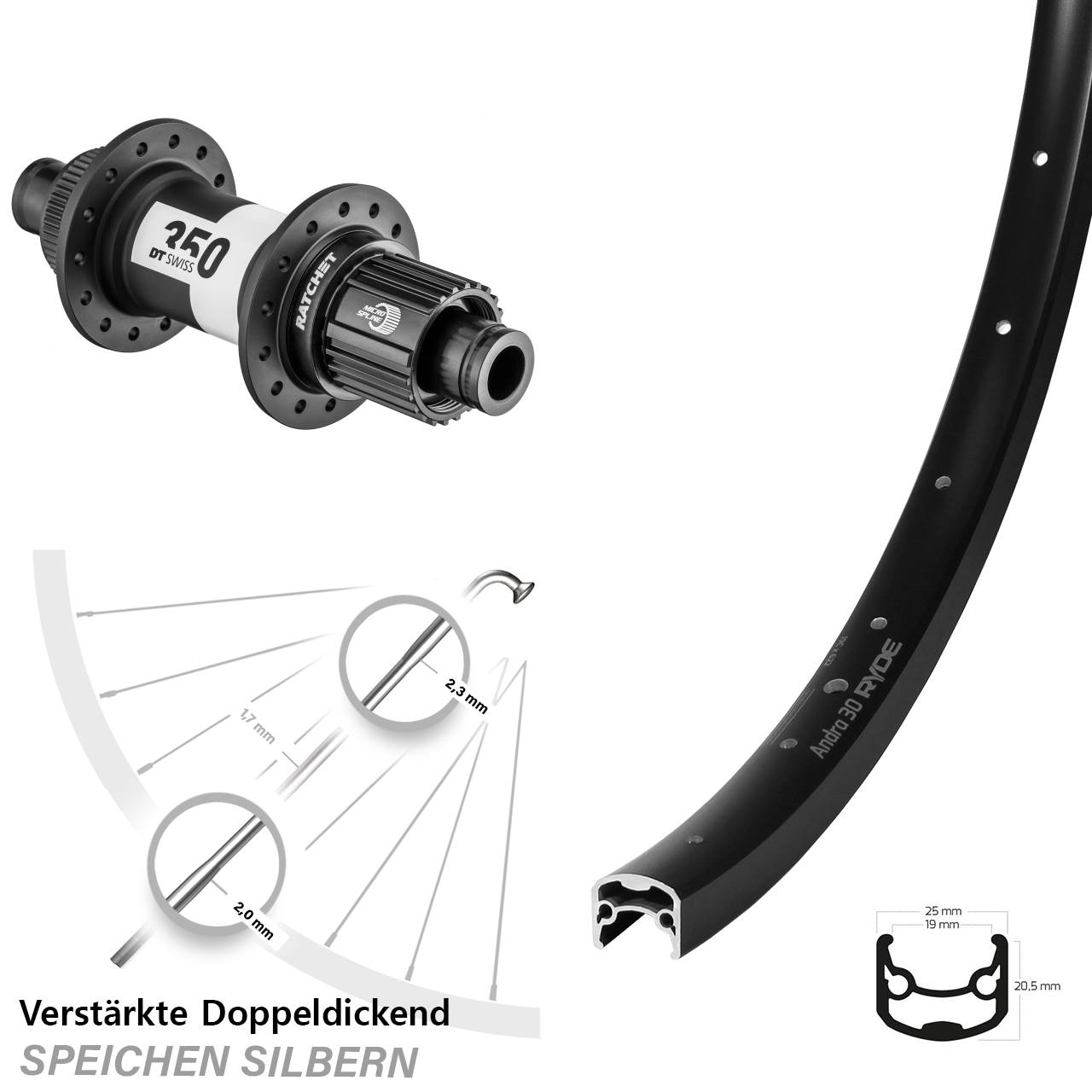 Disc Laufrad 12x142 28 Zoll Ryde Andra 30 DT Swiss 350 Ratchet 36 Micro Spline