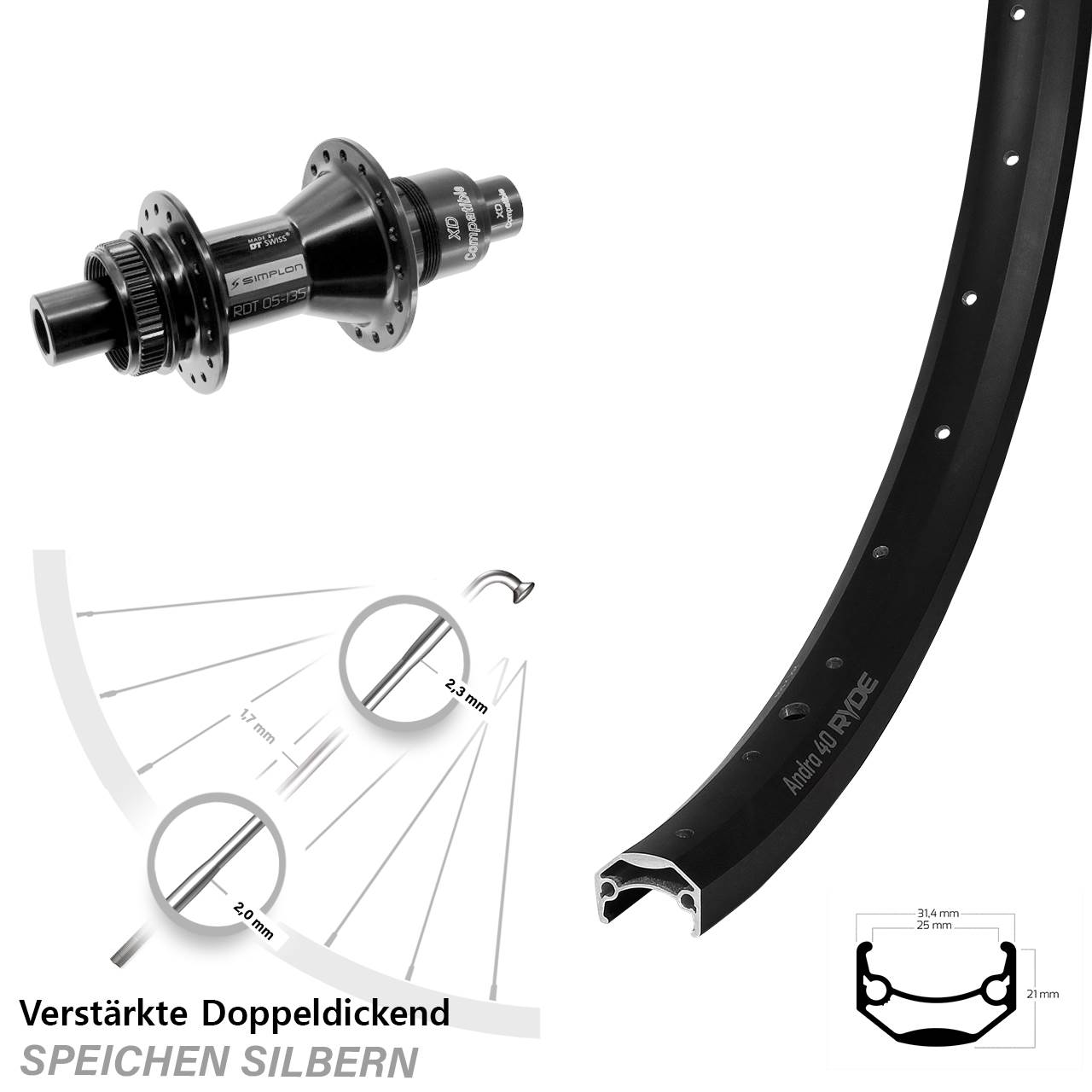 Disc Hinterrad 12x142 26 Zoll Ryde Andra 40 Disc DT Swiss 370 XD 11-12 fach