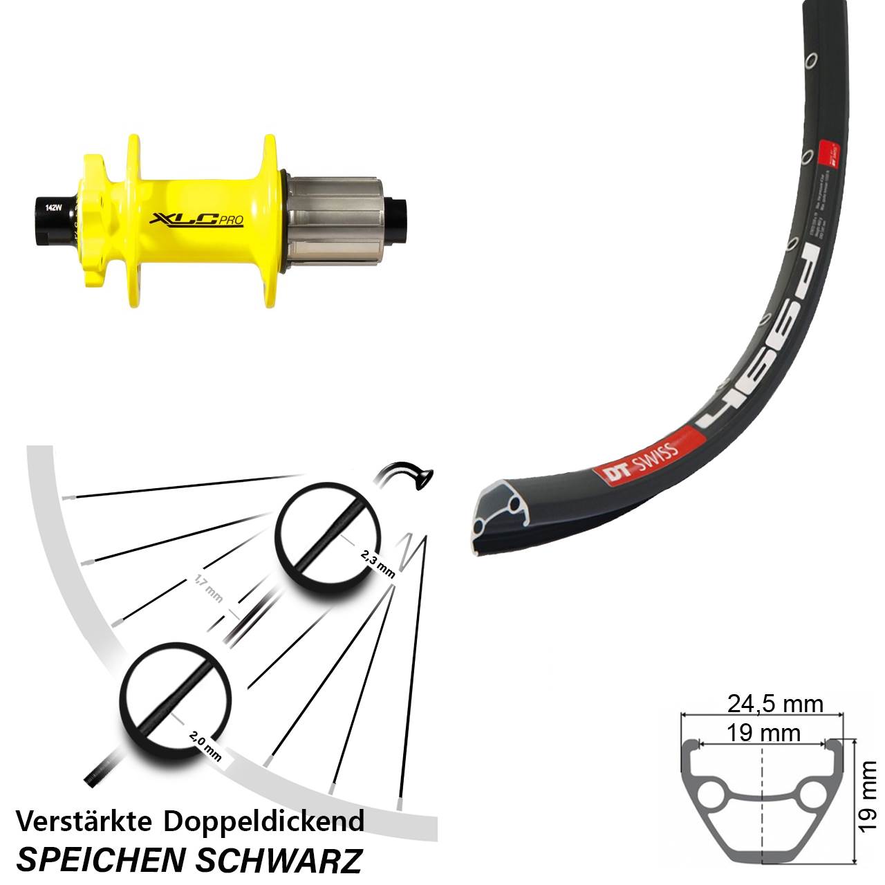 28 Zoll DT Swiss 466 XLC gelb 6-Loch Hinterrad 12x142 8-11 fach