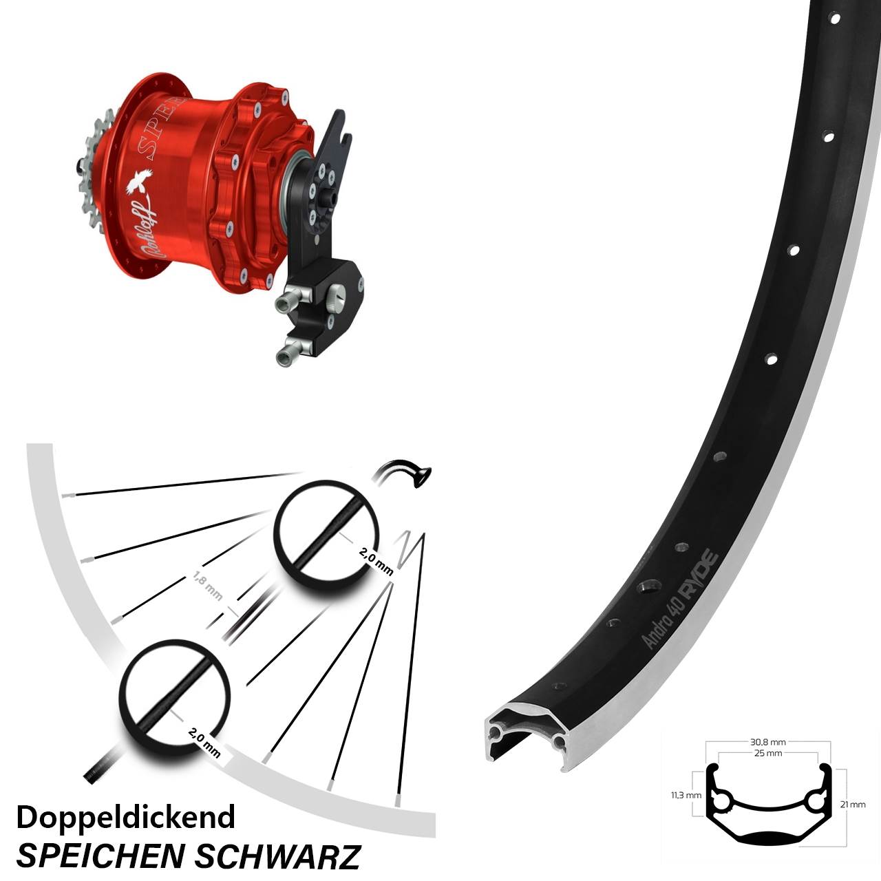 Hinterrad 26 Zoll Rohloff Speedhub rot 500/14 Andra 40