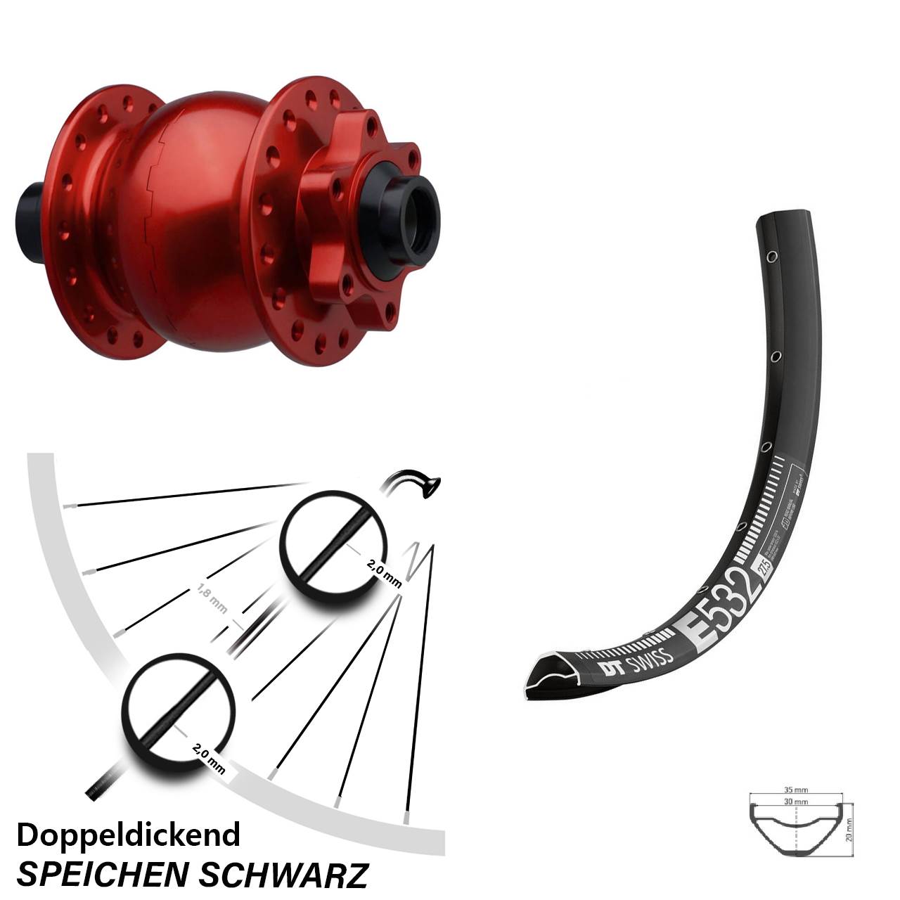 Boost Disc Dynamo-Vorderrad 15x110 27,5 Zoll DT Swiss E 532 SON 28 rot