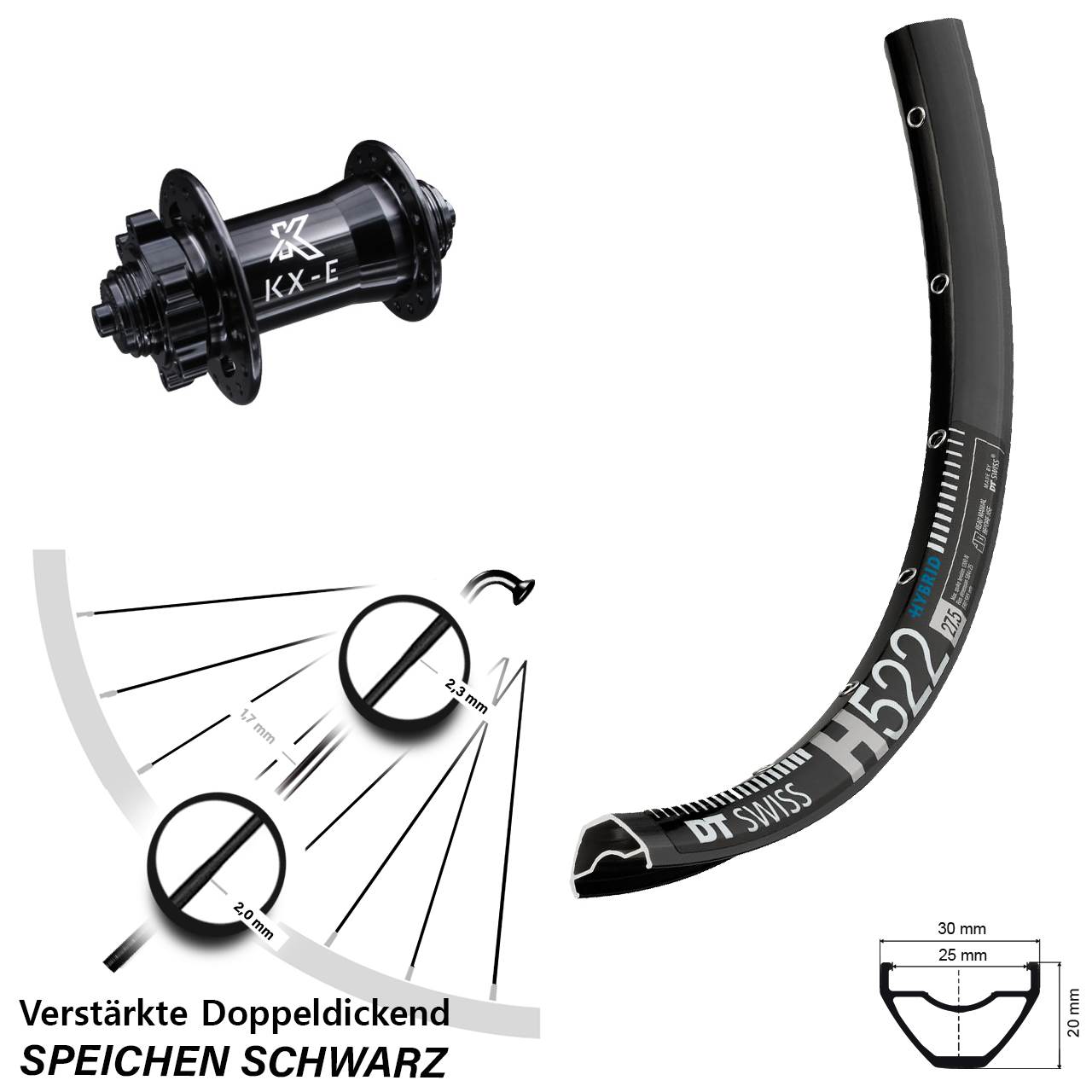 29 Zoll Vorderrad DT Swiss H 522 mit KX-E Disc 5x100 mm verstärkt 4 Industrielager