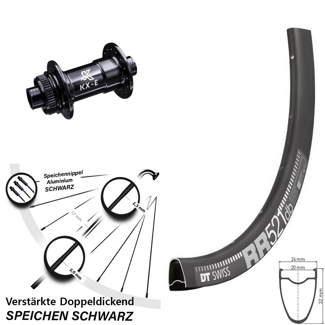 Vorderrad Centerlock 15x100 28 Zoll DT Swiss RR521 KX-E 4-fach gelagert