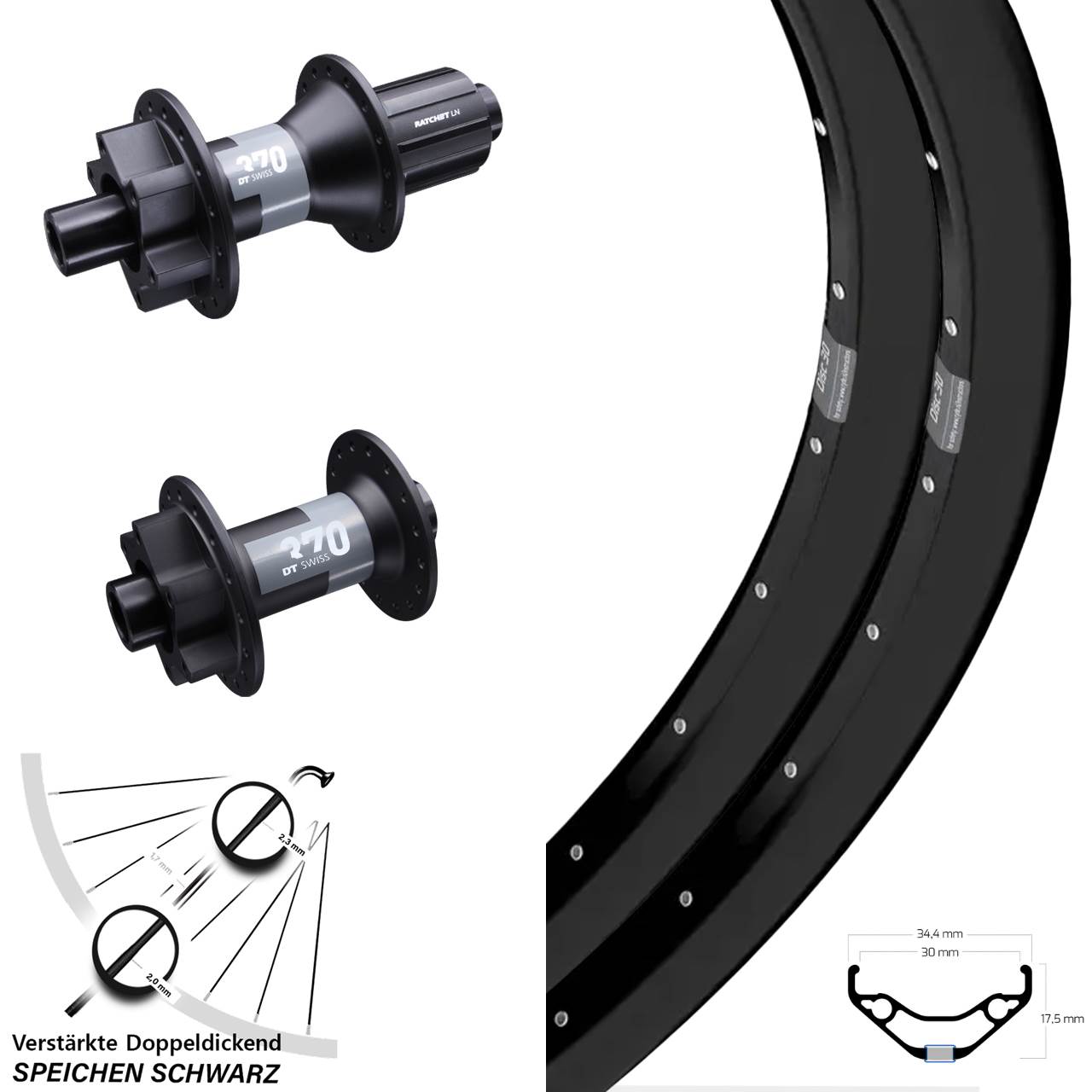 6-Loch Laufradsatz 27,5 Zoll Ryde Disc 30 DT Swiss 370 8-11 fach HG 15x100 12x142