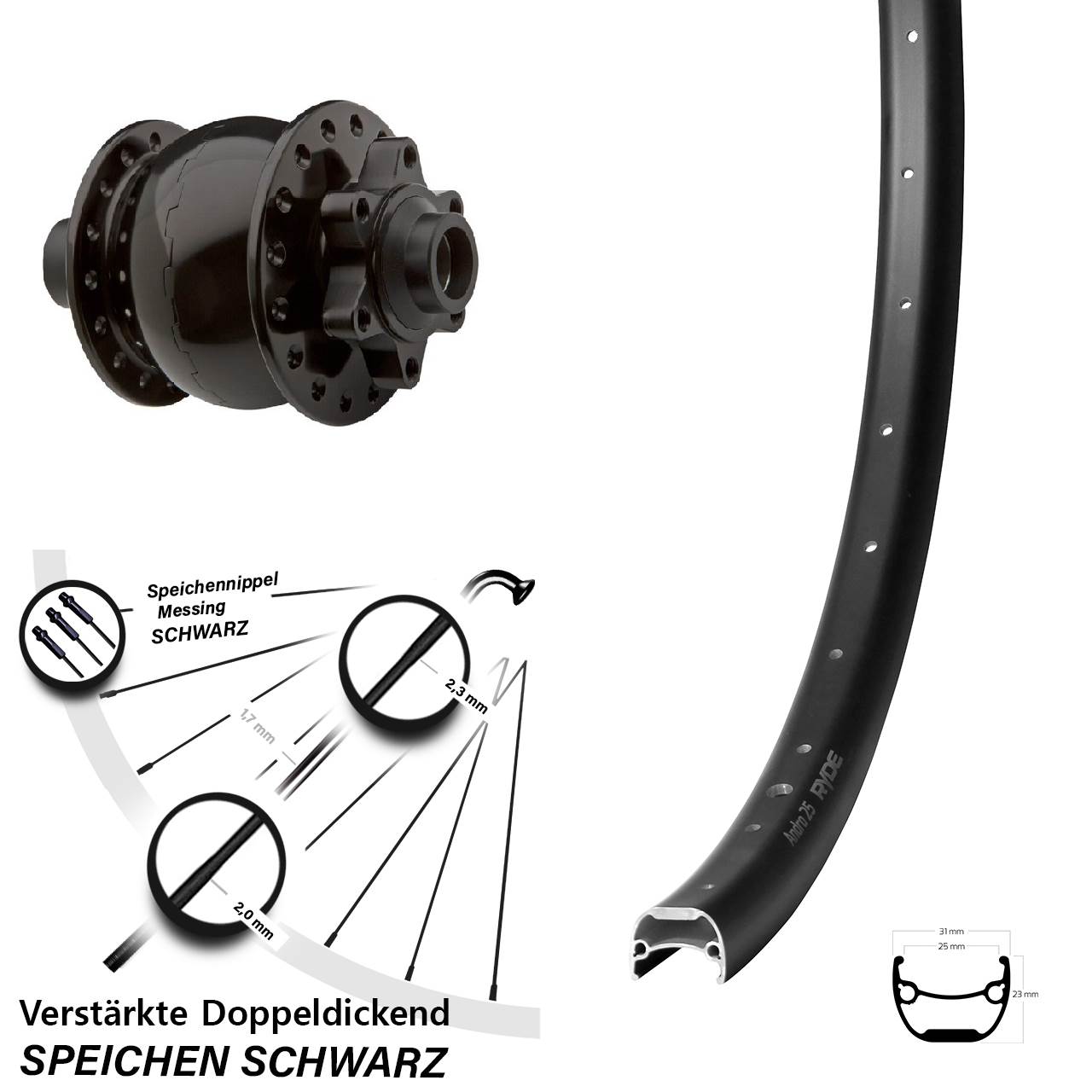 Nabendynamovorderrad 6-Loch Ryde Andra 25 SON 28 Zoll 15x100