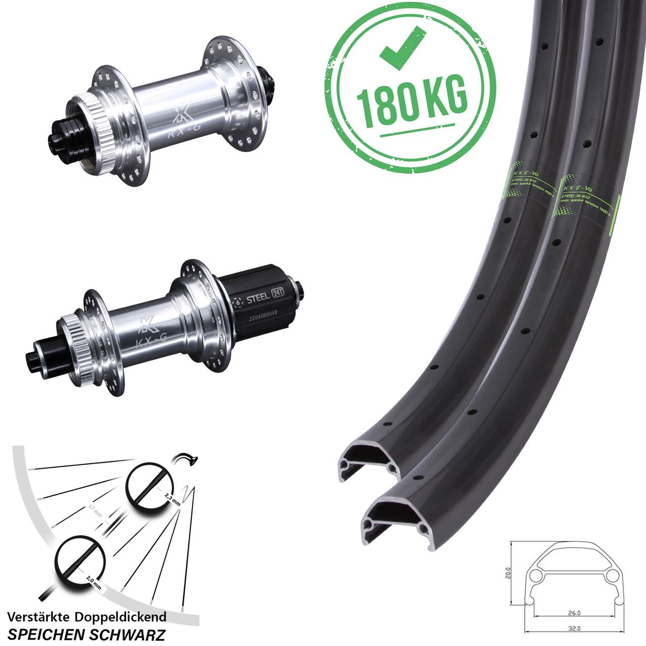 Centerlock Laufradsatz 20/26 Zoll KX-GS Evo Heavy Duty 8-12 fach HG QR