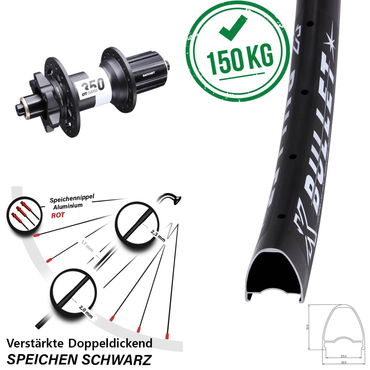 28-29 Zoll KX Bullet DT Swiss 350 Disc Hinterrad für Schnellspanner 8-11 fach