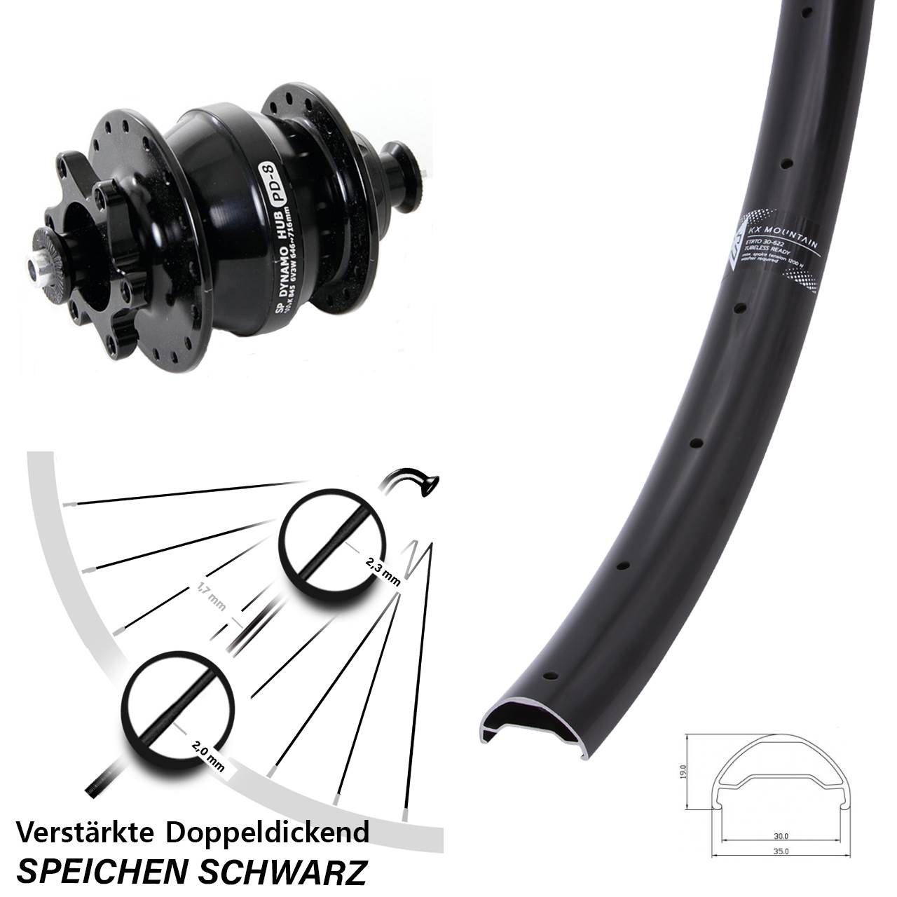Nabendynamovorderrad 6-Loch QR 29 Zoll KX Mountain Shutter Precision PD-8