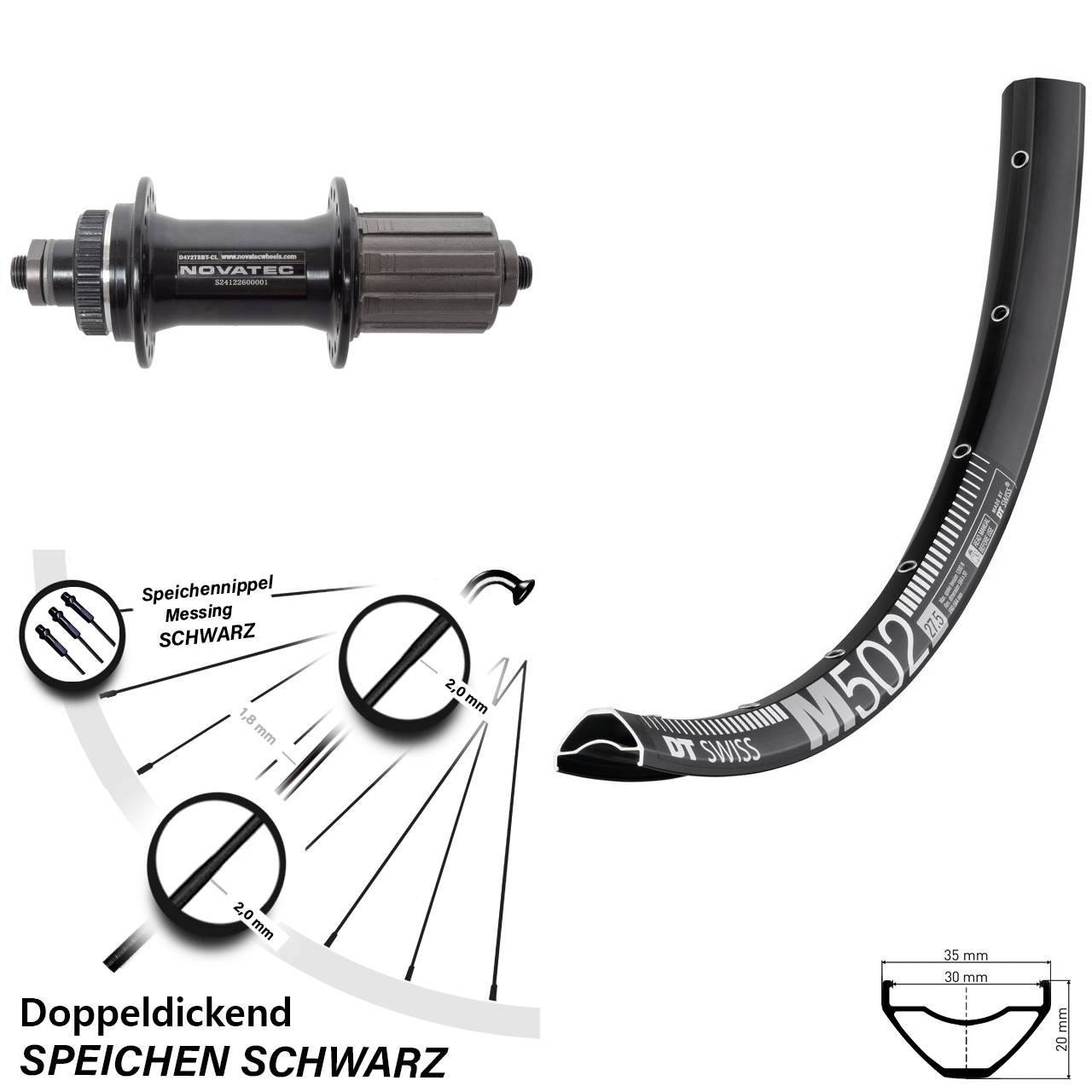 27,5 Zoll DT Swiss M502 Novatec D472 Hinterrad Centerlock QR 8-12 fach HG