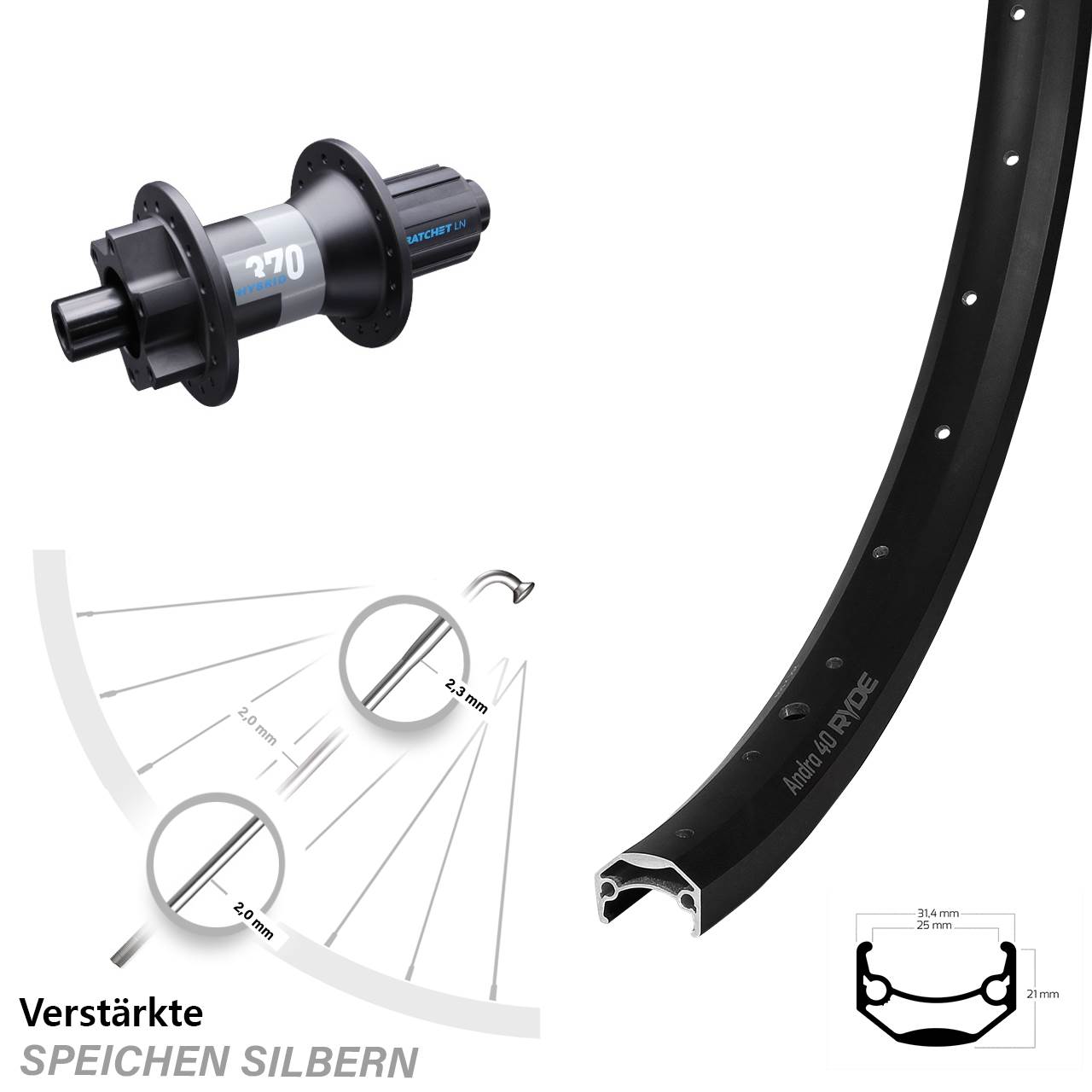 650B Ryde Andra 40 DT Swiss Hybrid 370 Hinterrad 6-Loch 12x148 8-11 fach HG