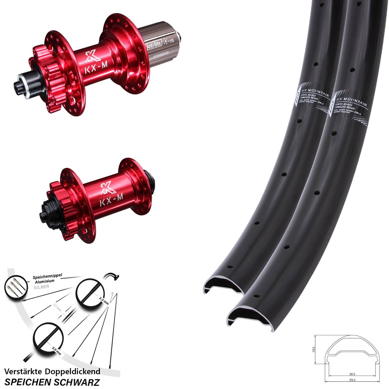 Laufradsatz 6-Loch 29 Zoll KX-M Mountain TR rot 8-12 fach HG für Schnellspanner