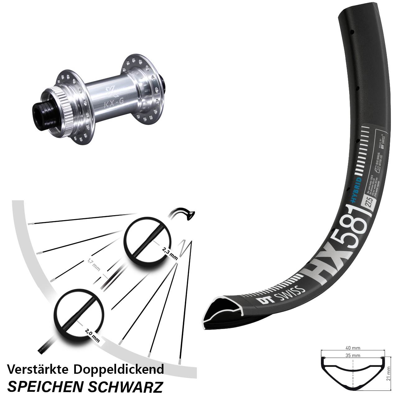 Centerlock Vorderrad 15x100 27,5 Zoll DT Swiss HX581 KX-G