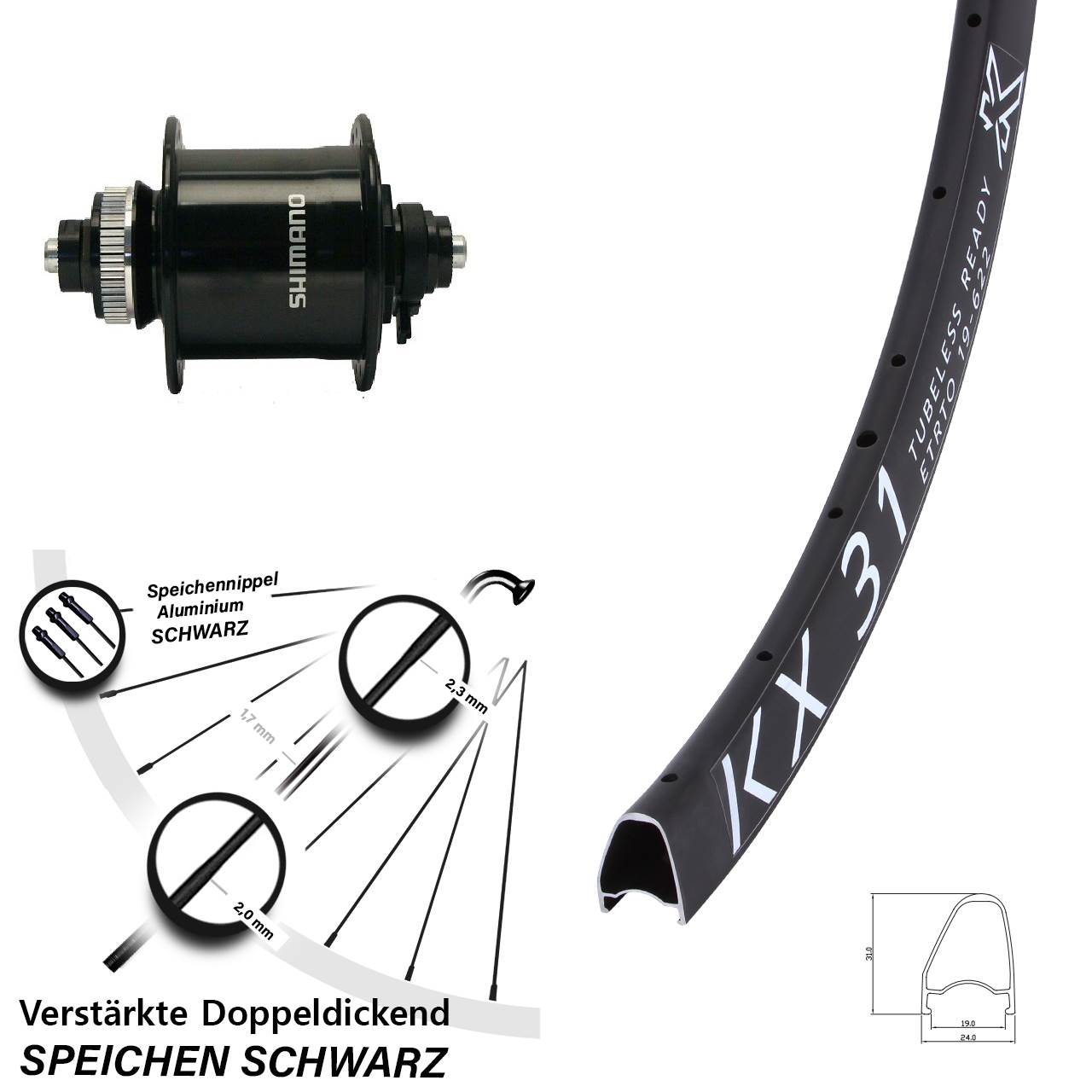 28 Zoll KX 31 Offset Shimano DH-UR700-3D Disc Nabendynamovorderrad für Schnellspanner