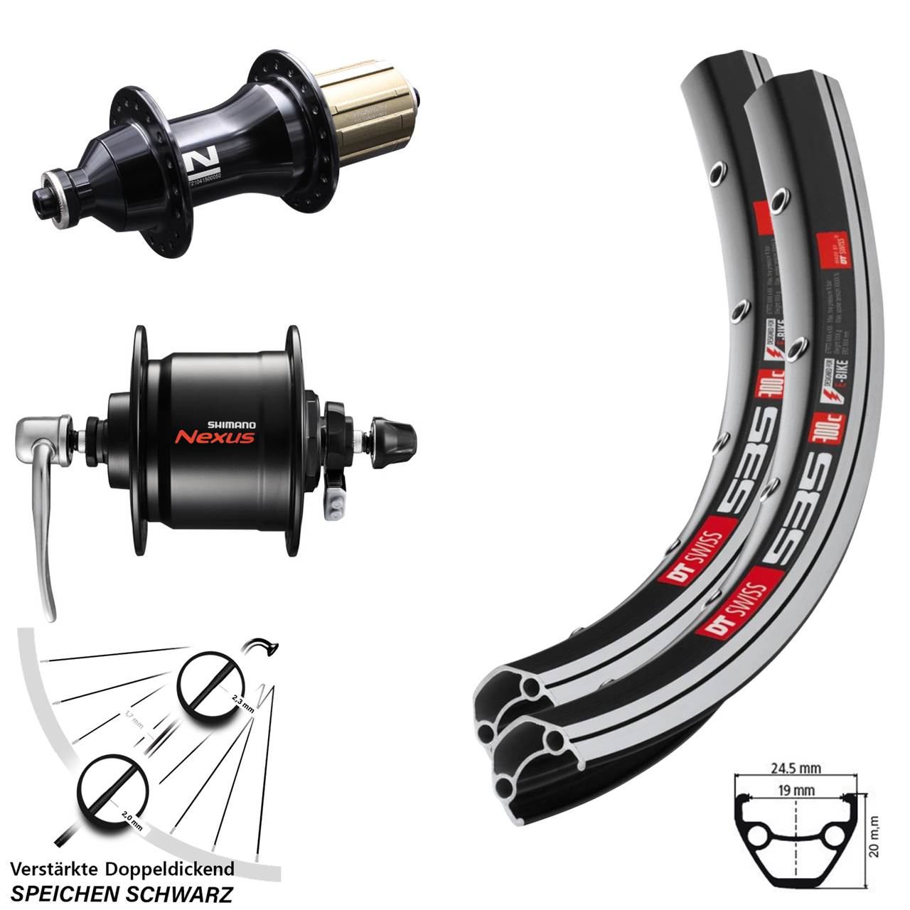 Laufradsatz 28 Zoll DT Swiss 535 Novatec F162SB Shimano Nexus DH-C3000 8-12 fach HG QR