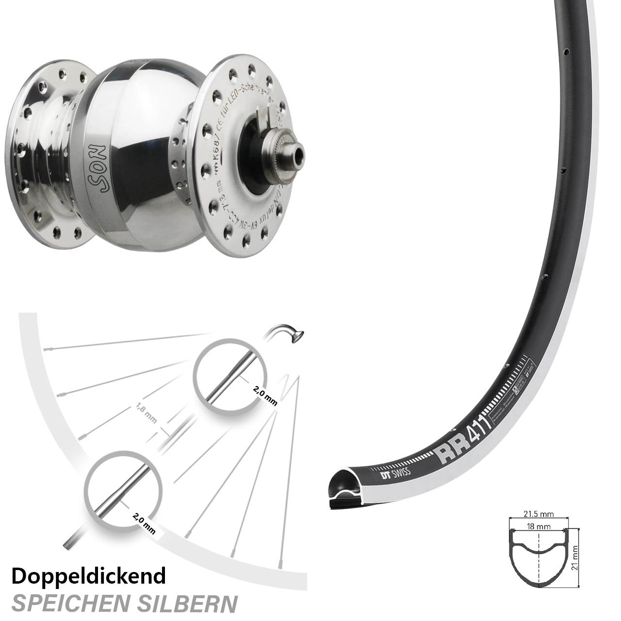 Vorderrad 28 Zoll DT Swiss RR 411 SON delux Wide Body silbern poliert