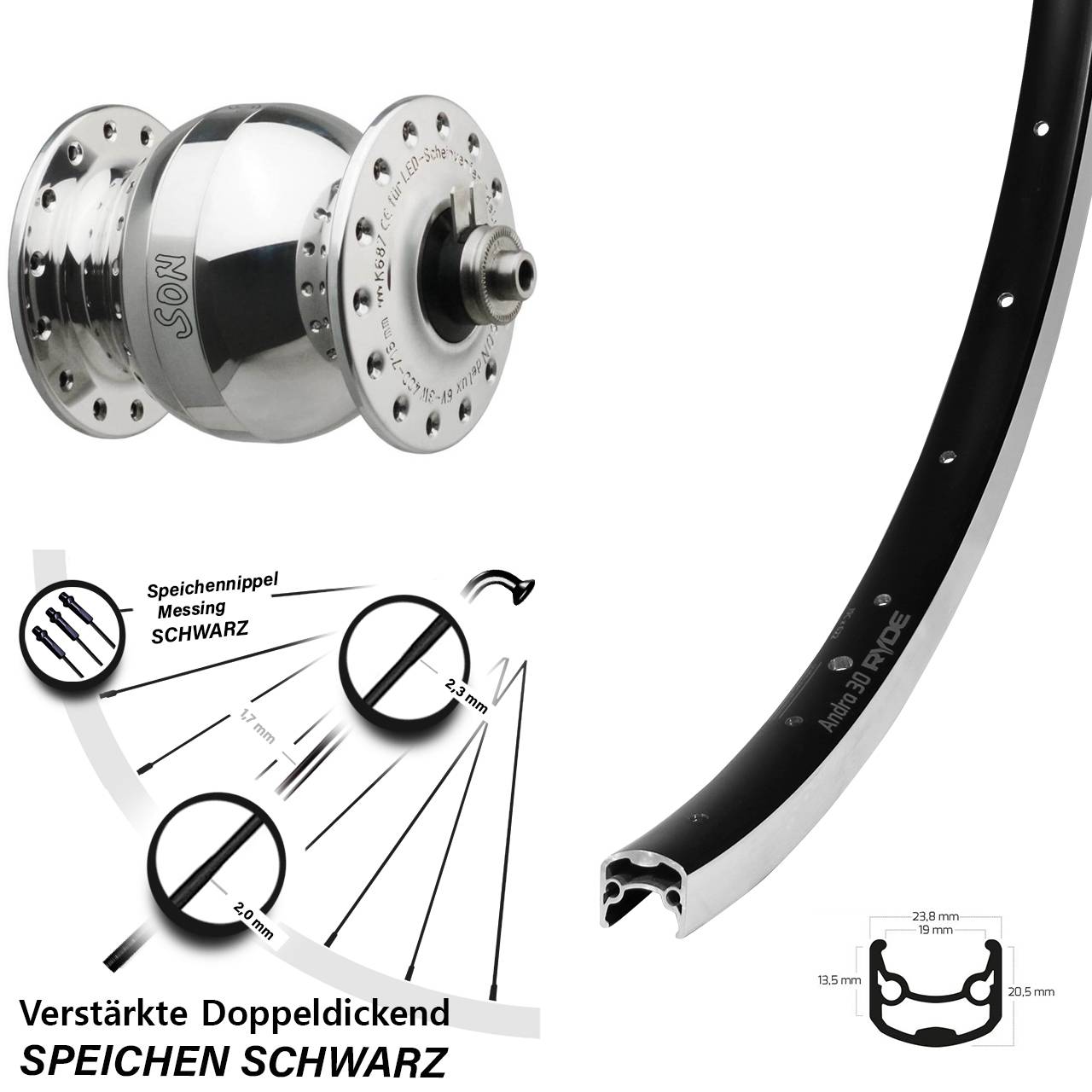 Nabendynamovorderrad QR 26 Zoll Ryde Andra 30 SONdelux wide body