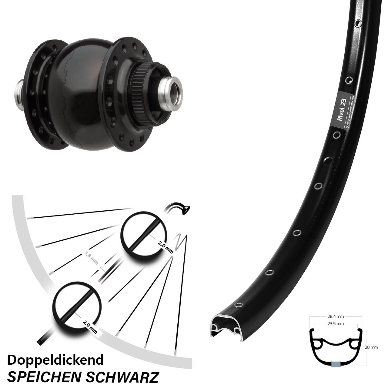 650B Ryde Rival 23 SON 28 Dynamo-Vorderrad Centerlock 12x100
