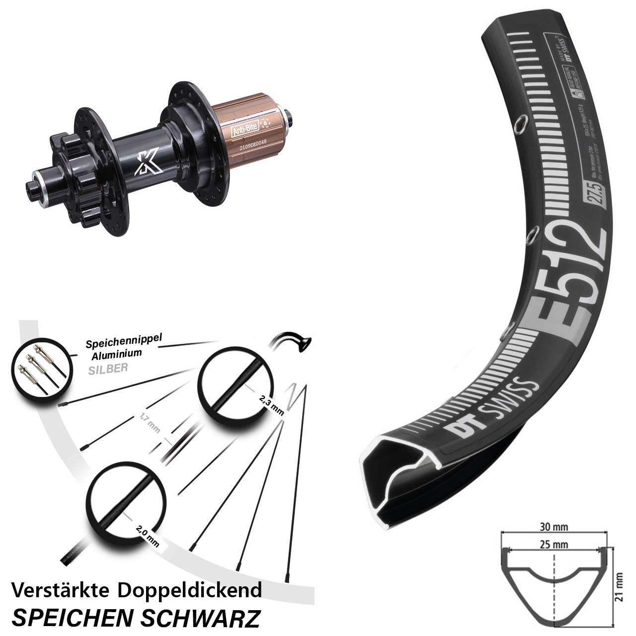 DT Swiss E512 KX-M Disc 29 Zoll Hinterrad für Schnellspanner 8-12 fach HG
