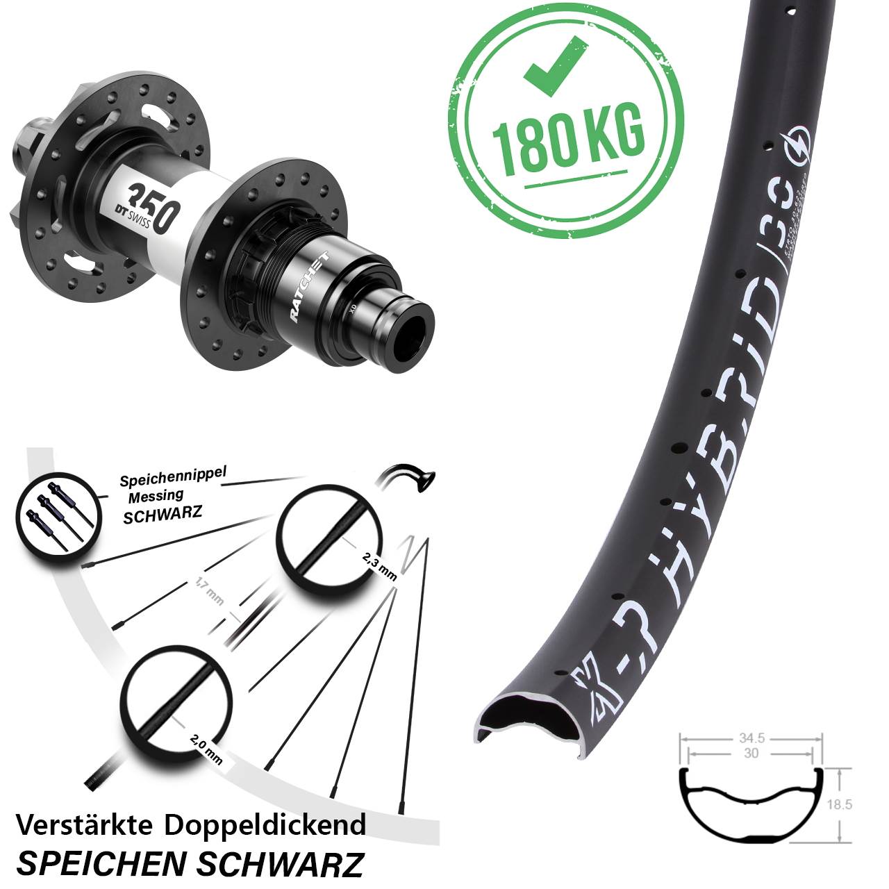 Hinterrad 6-Loch 29 Zoll KX-R Hybrid 30 DT Swiss 350 XD 12x148 Boost