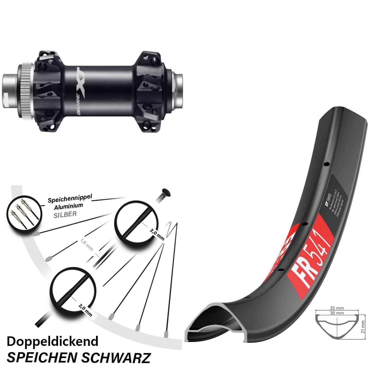 schwarzes 29 Zoll Vorderrad DT Swiss FR 541 Shimano Deore XT Straightpull Boost 15x110 mm