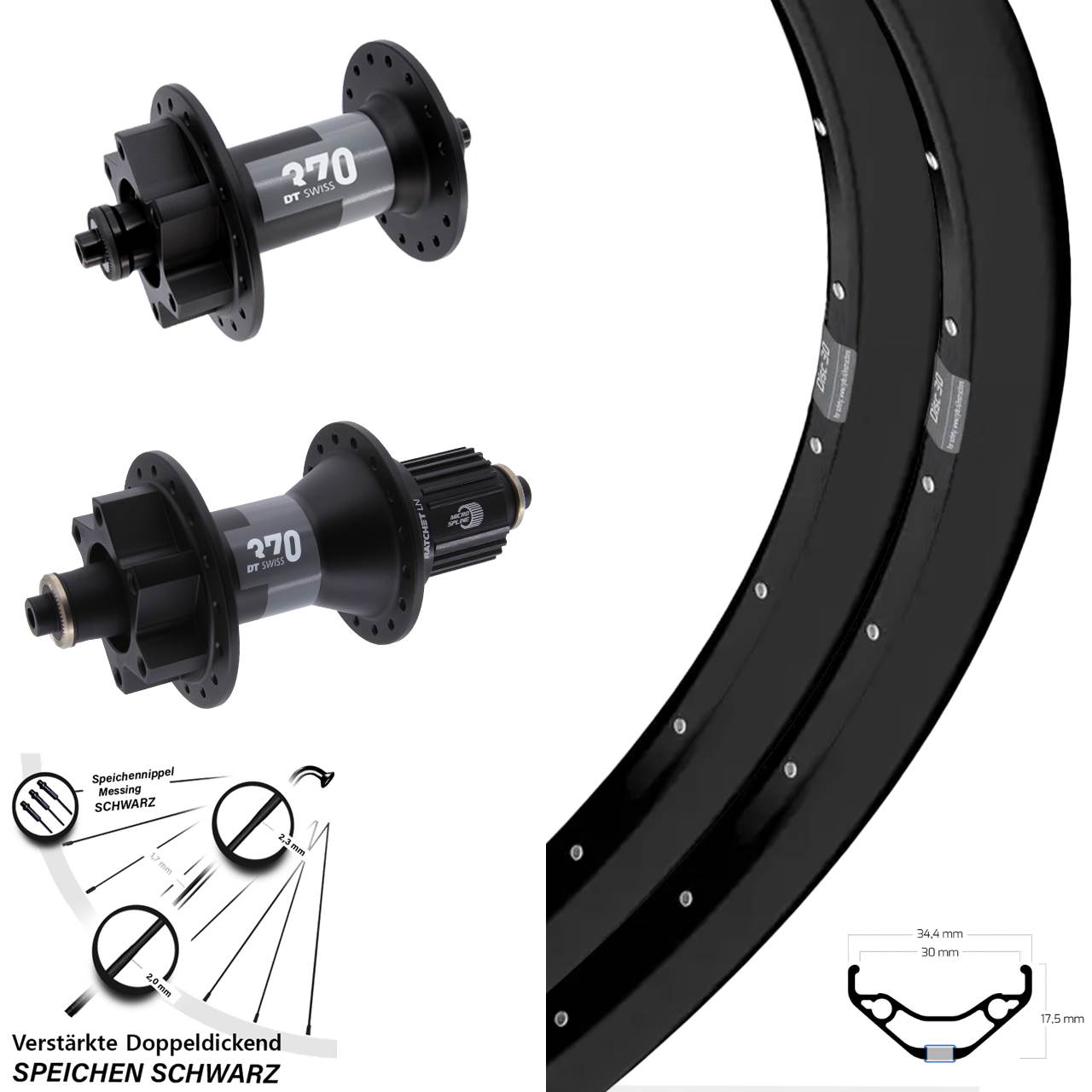 29 Zoll Ryde Disc 30 DT Swiss 370 Laufrad-Satz QR Micro Spline