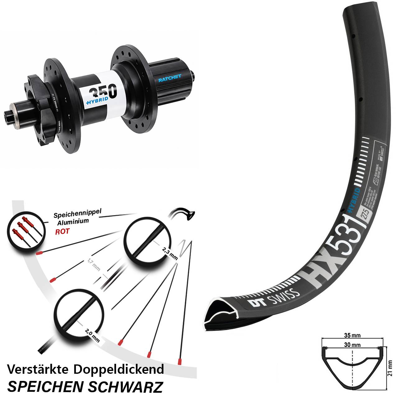 Hinterrad 29 Zoll DT Swiss HX531-350 Hybrid 8-11 fach für Schnellsp.