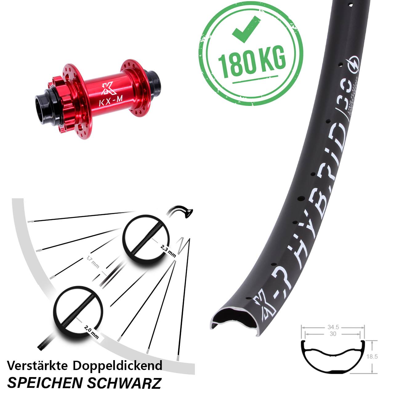 6-Loch Vorderrad 29 Zoll KX-MR Hybrid 30 rot 20x110 (DH alt)