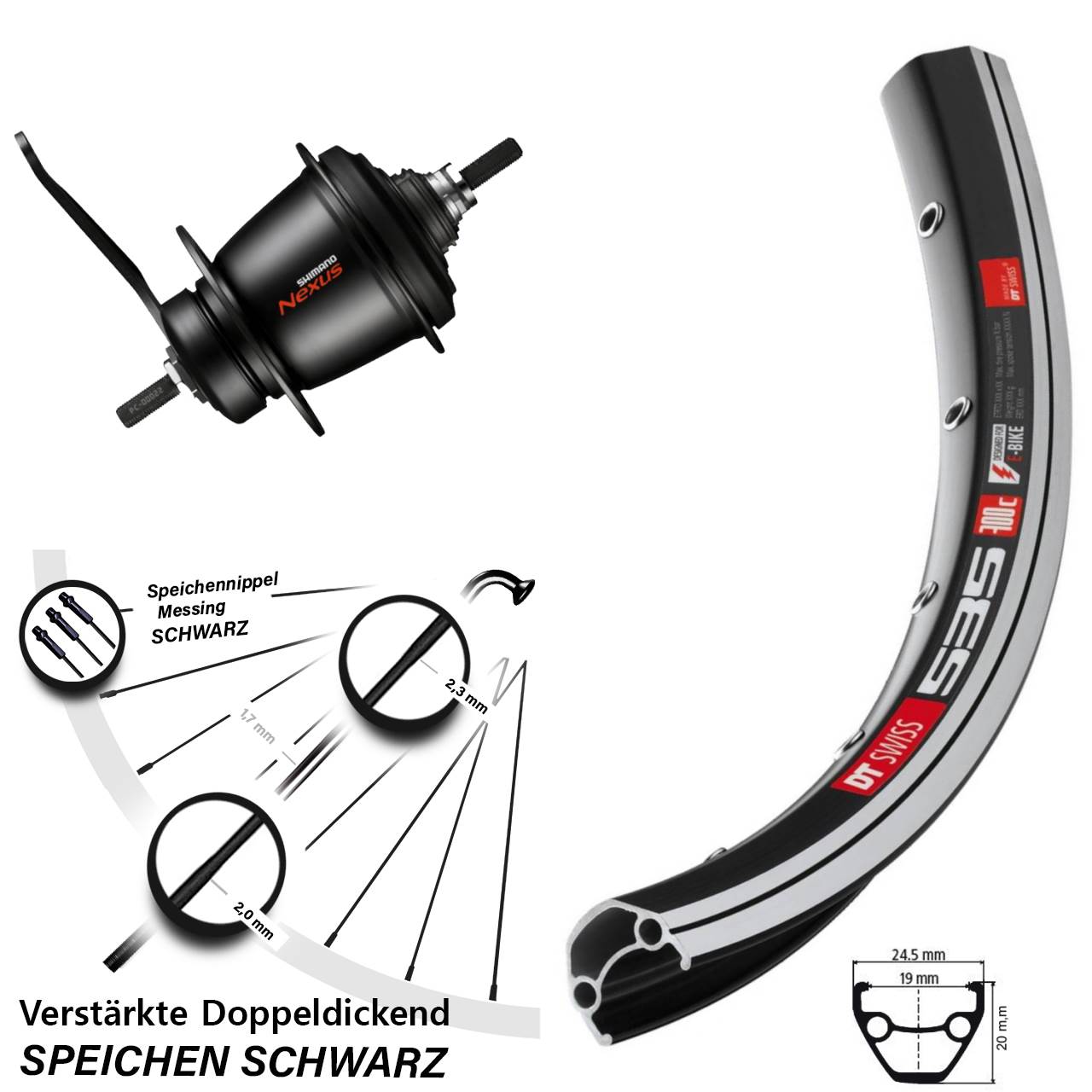 28 Zoll Hinterrad Shimano Nexus SG-C3001 7 Gang Rücktritt DT Swiss 535 schwarz