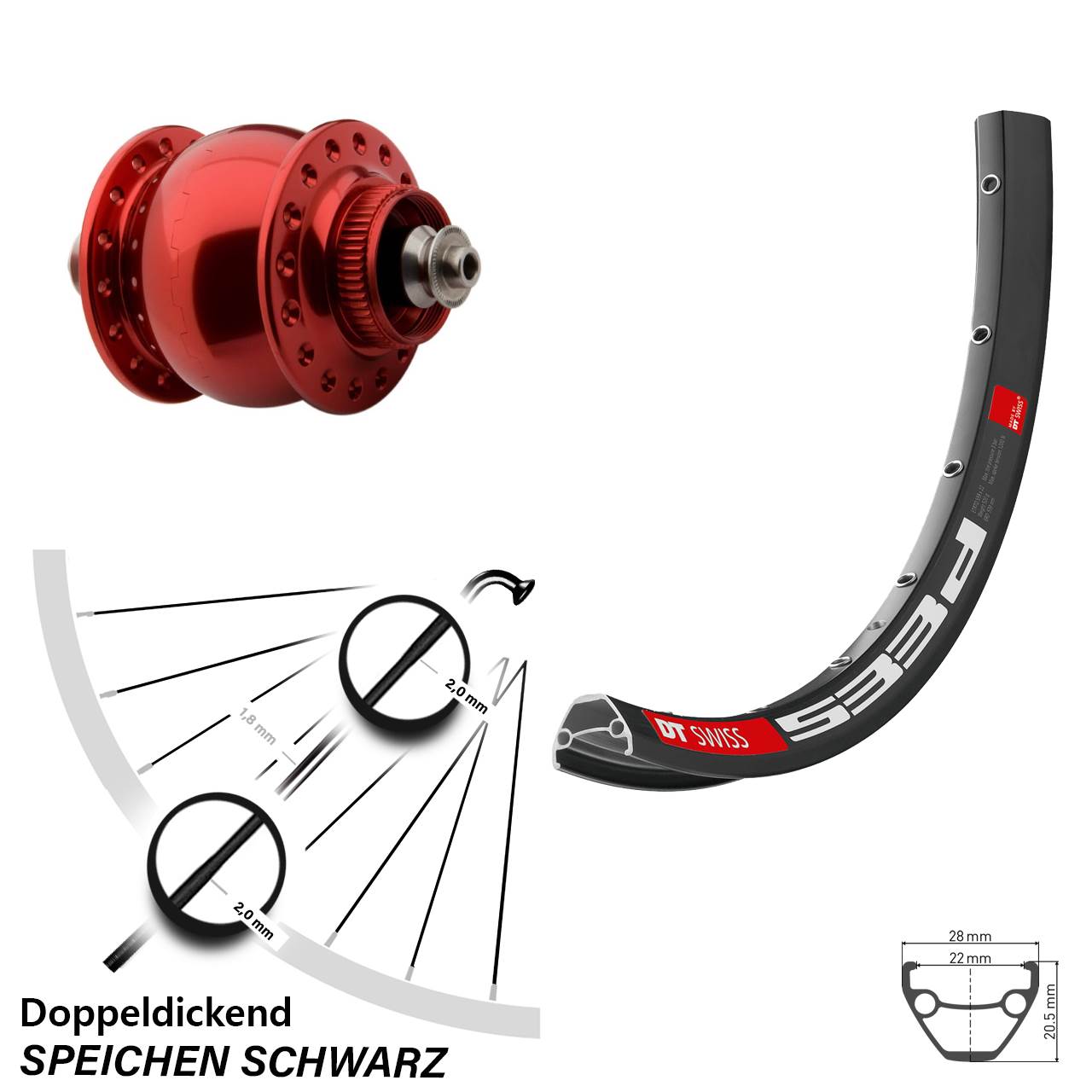 SONdelux rot DT Swiss 533 D 26 Zoll Nabendynamovorderrad Centerlock QR
