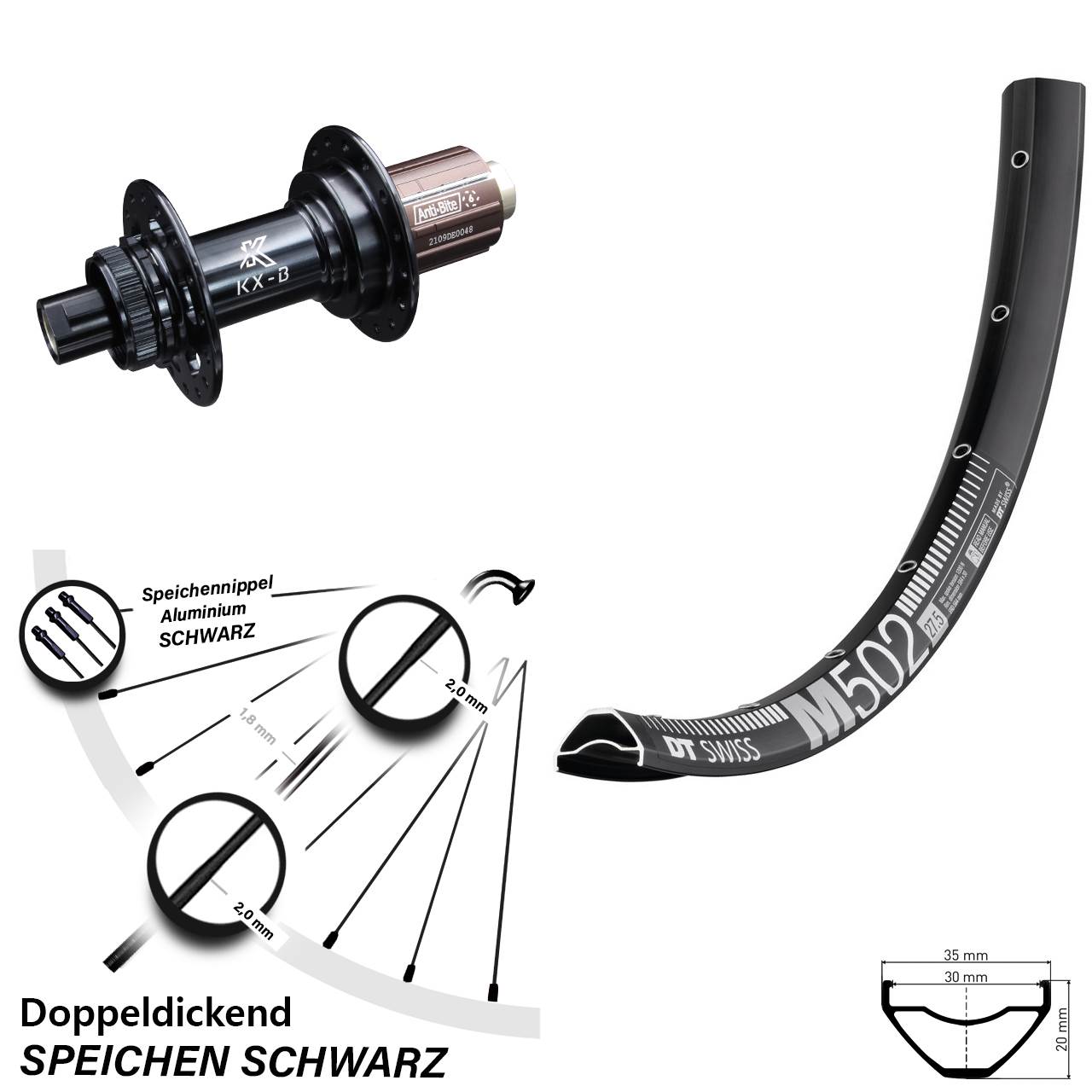 29 Zoll Hinterrad MTB Enduro KX-B Boost 12x148 mm Centerlock 8-12 fach DT Swiss M 502