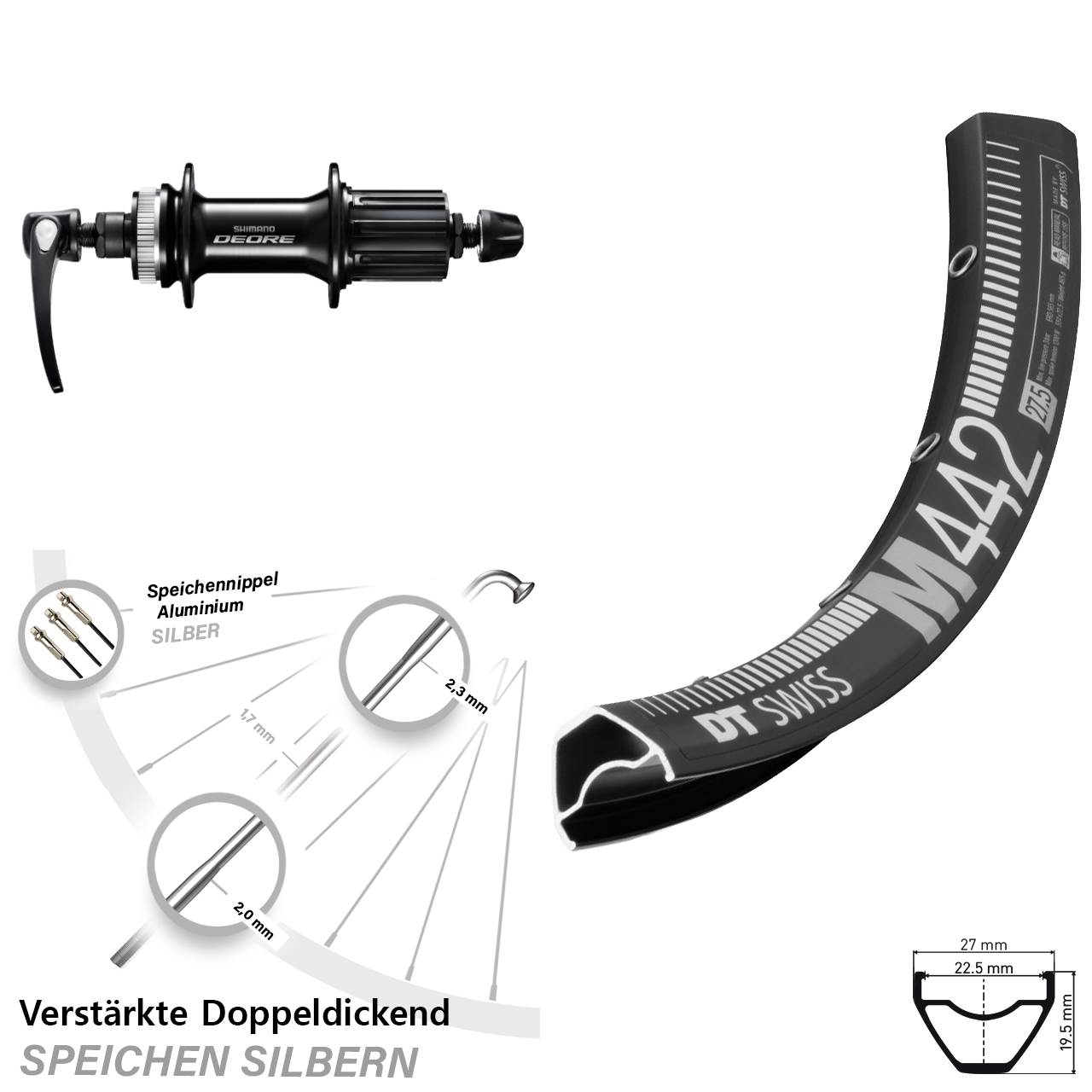 28-29 Zoll DT Swiss M442 Shimano Deore Disc Hinterrad für Schnellspanner 8-11 fach