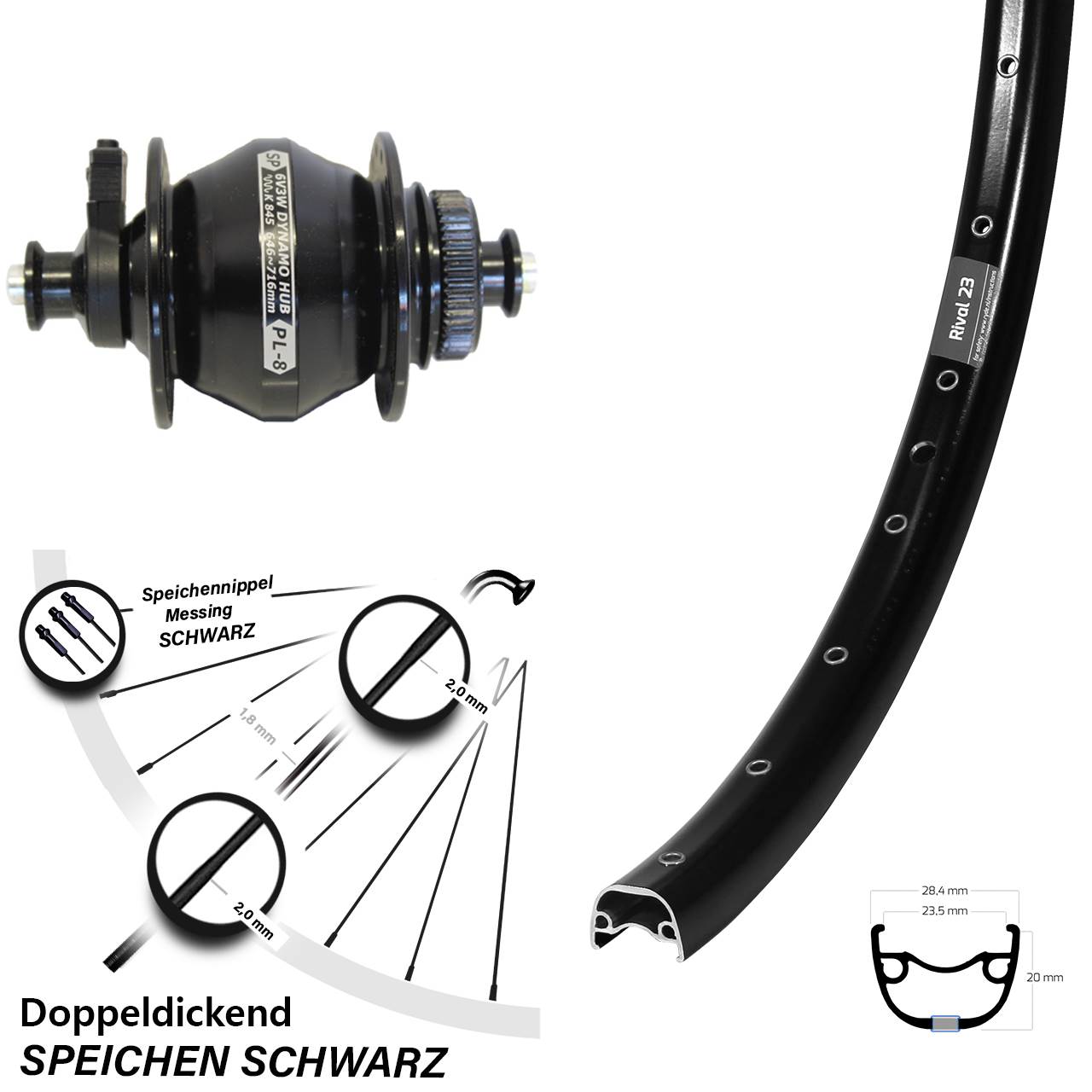 Ryde Rival 23 Shutter PL-8 27,5 Zoll Disc Laufrad mit Nabendynamo QR