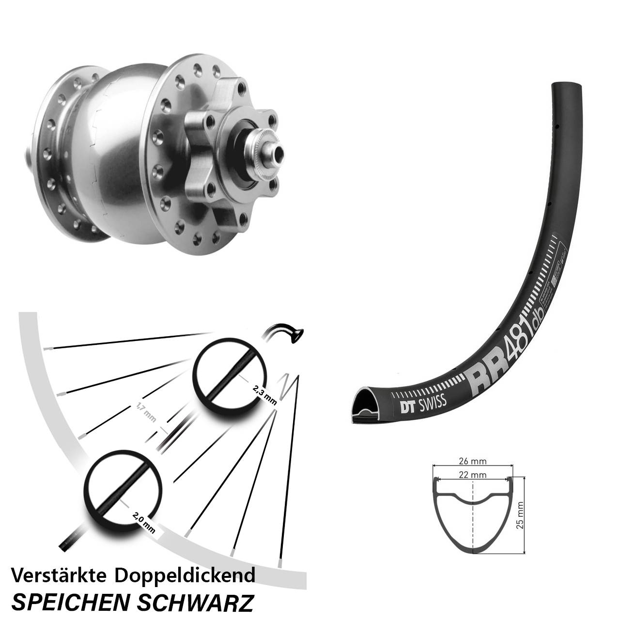 DT Swiss RR481 SON 28 Zoll silbern Disc Nabendynamolaufrad QR