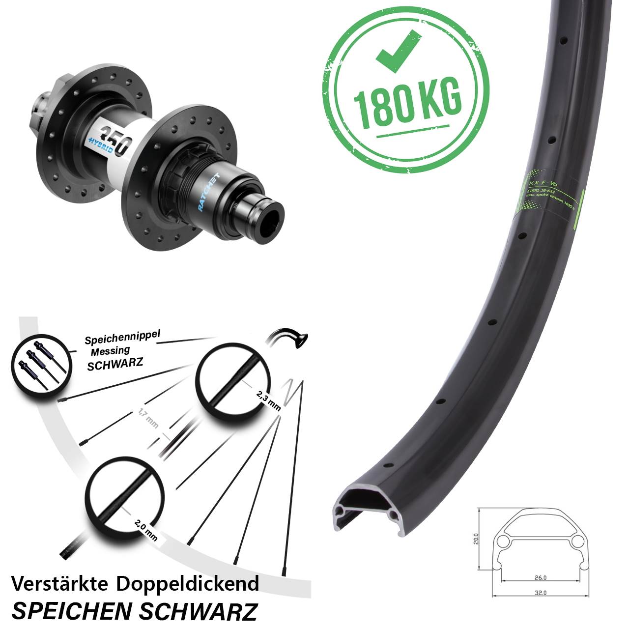 20 Zoll KX Evo DT Swiss 350 Hybrid Boost 6-Loch Hinterrad 12x148 Boost XD 11-12 fach